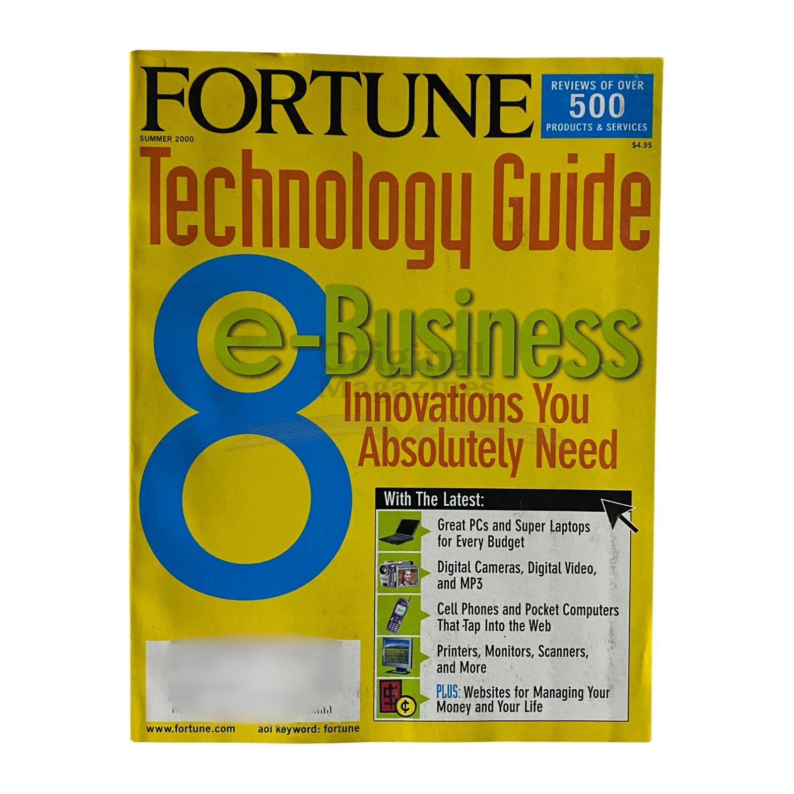 Fortune Magazine Summer 2000 cover featuring the title '8 E-Business Innovations You Absolutely Need', highlighting technology solutions for e-business. The magazine showcases vibrant graphics with a focus on digital trends in commerce.