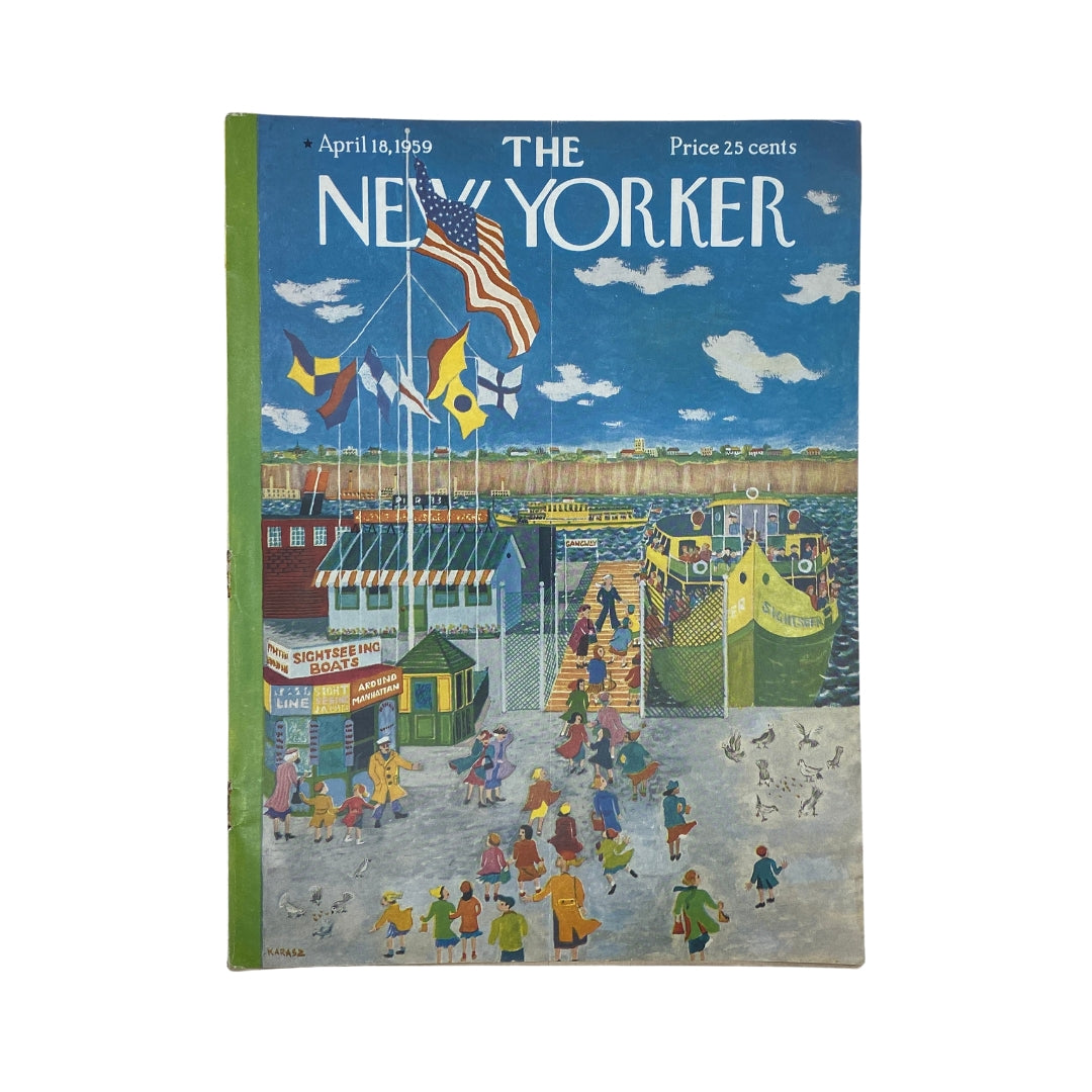 Cover of The New Yorker magazine from April 18, 1959 featuring an illustration by Ilonka Karasz, depicting a lively scene with children and adults at a harbor with boats and colorful flags.