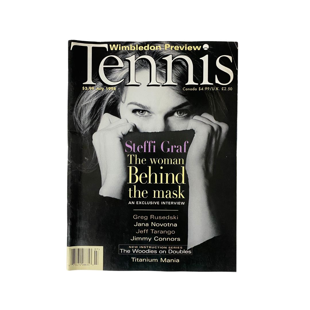 Tennis Magazine July 1998 issue featuring Steffi Graf on the cover with the headline 'The Woman Behind the Mask'. This magazine includes Wimbledon preview and an exclusive interview, making it a sought-after collectible for tennis fans.