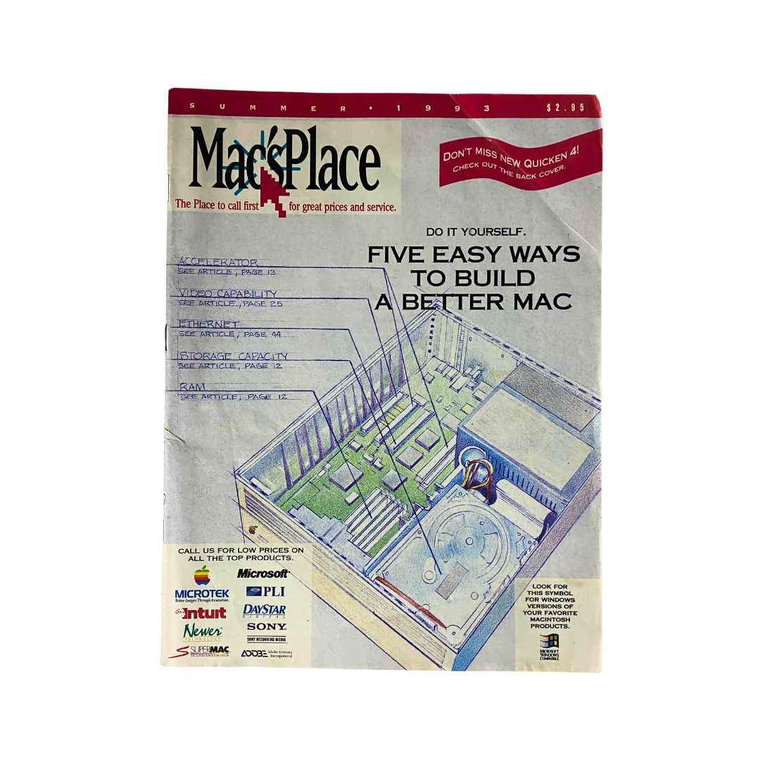 Mac's Place Magazine Summer 1993 cover featuring 'Five Easy Ways To Build a Better Mac' with illustrations of computer components.