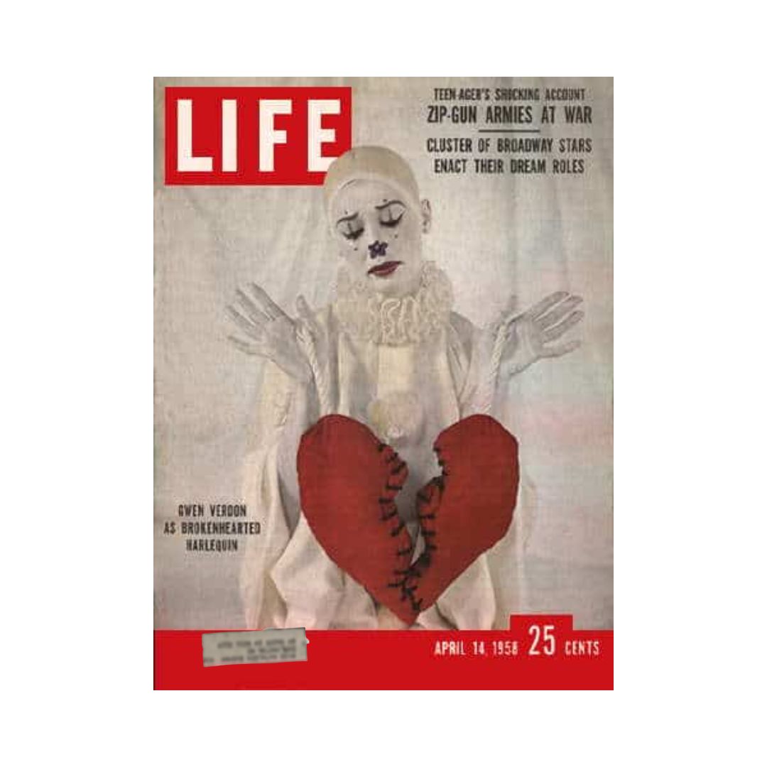 Cover of Life Magazine dated April 14, 1958 featuring Gwen Verdon as Brokenhearted Harlequin, showcasing a striking image of the iconic Broadway star with a large red heart symbolizing heartbreak.