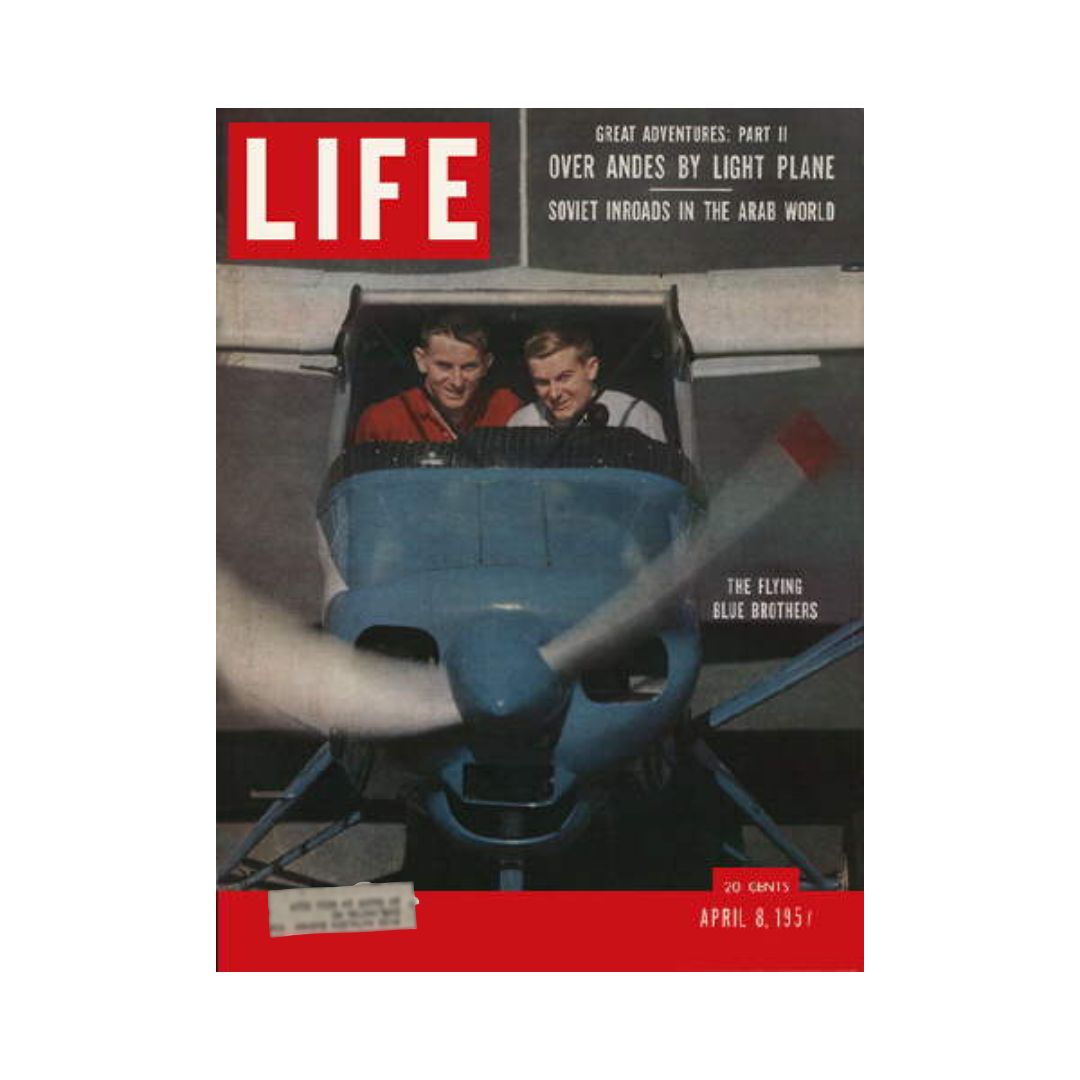 Cover of Life Magazine, April 8, 1957, featuring 'The Flying Blue Brothers' with an airplane in flight.