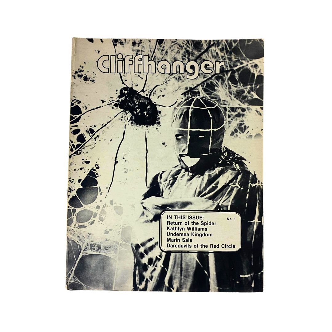 Cover of VTG Cliffhanger Magazine No. 5 from 1985, featuring the title 'Return of the Spider' with creative artwork showcasing a mysterious character in a mask, set against a stylized background. This vintage magazine is a collectible gem for comic enthusiasts.