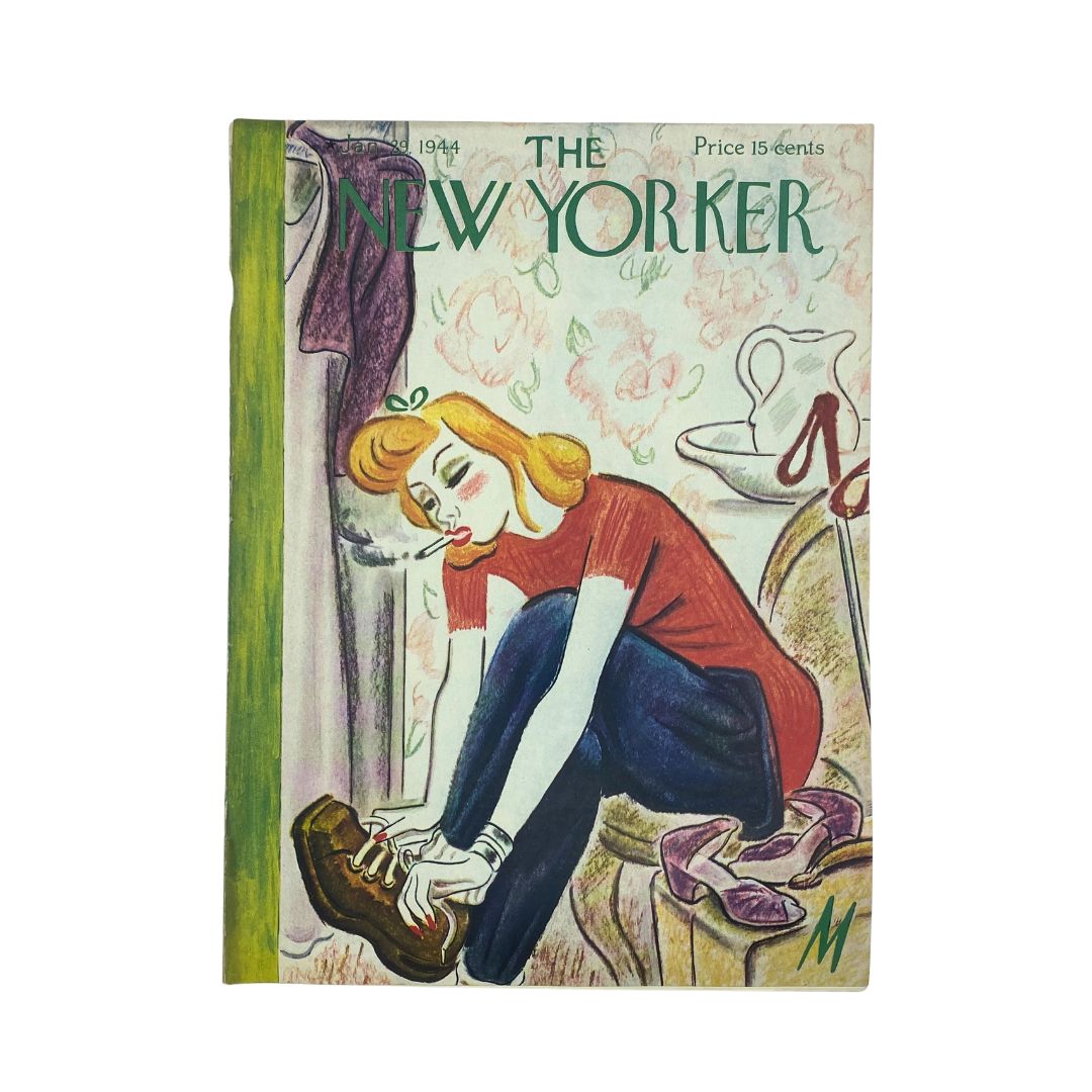 Cover of The New Yorker Magazine, January 29, 1944, featuring a colorful illustration by Julian De Miskey depicting a woman putting on shoes, showcasing classic mid-century art style.