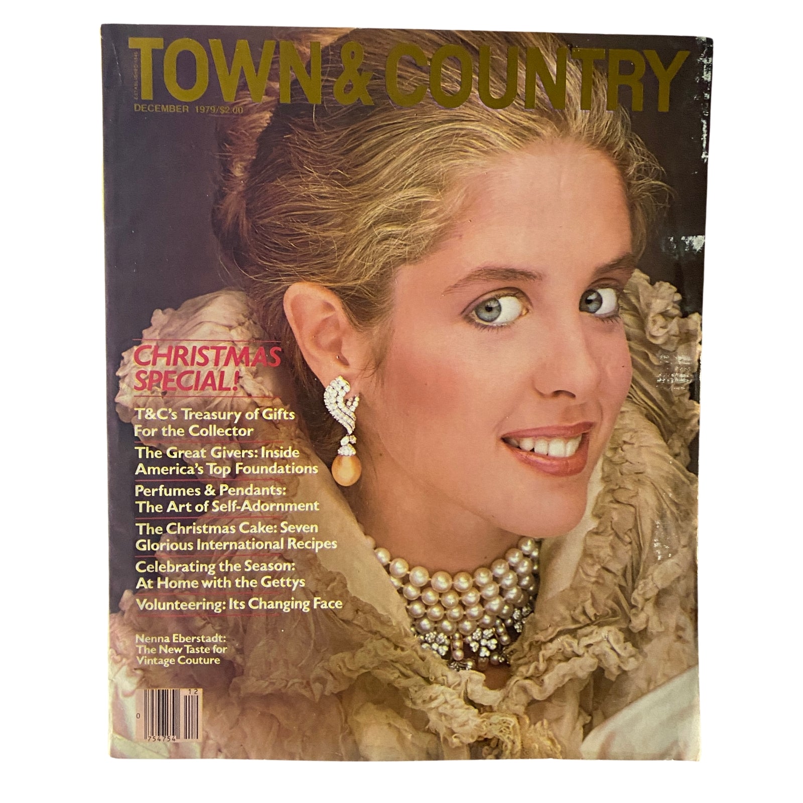 Cover of Town & Country Magazine December 1979 featuring a beautiful young woman adorned with jewelry, showcasing Christmas Special highlights and artistic design.