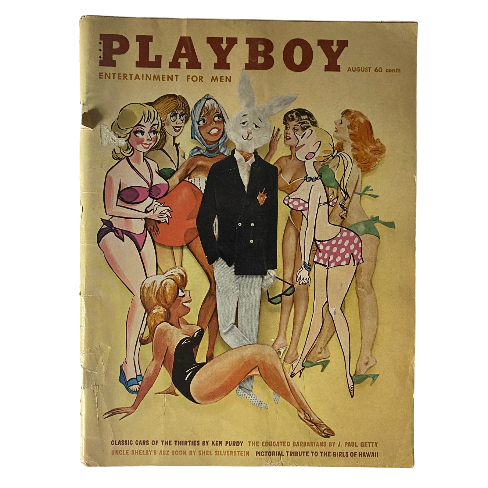 Cover of Playboy Magazine August 1961 featuring a colorful illustration and centerfold model Karen Thompson.