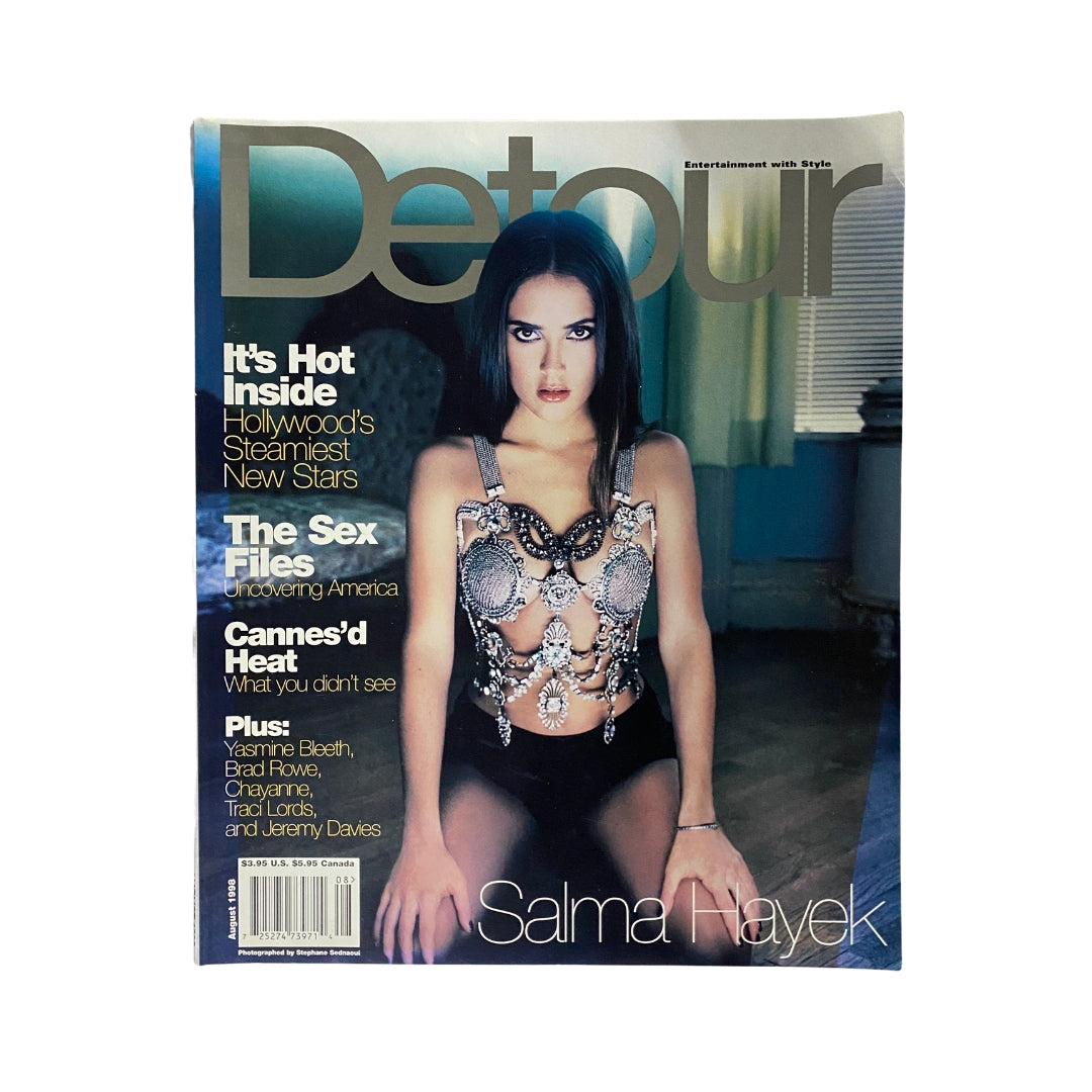 Detour Magazine August 1998 featuring Salma Hayek on the cover, highlighting Hollywood's newest stars and engaging articles from the late 90s.