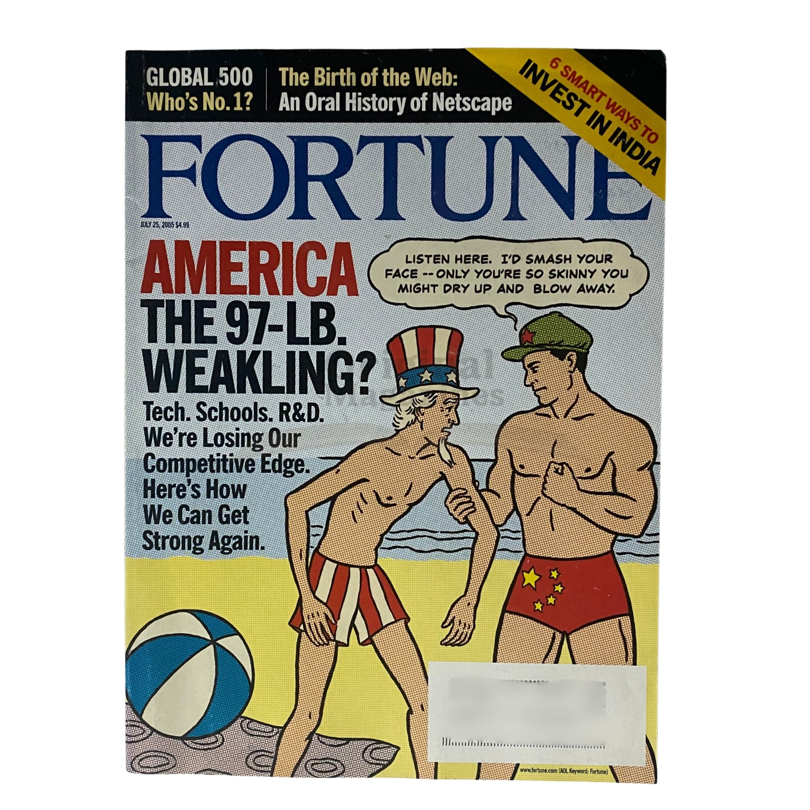 Fortune Magazine July 25, 2005 cover featuring the headline 'America The 97-Lb Weakling?' showcasing two men on a beach in swim trunks, one with a baseball cap and the other with a hat, illustrating the magazine's themes of competitiveness and economic challenges.