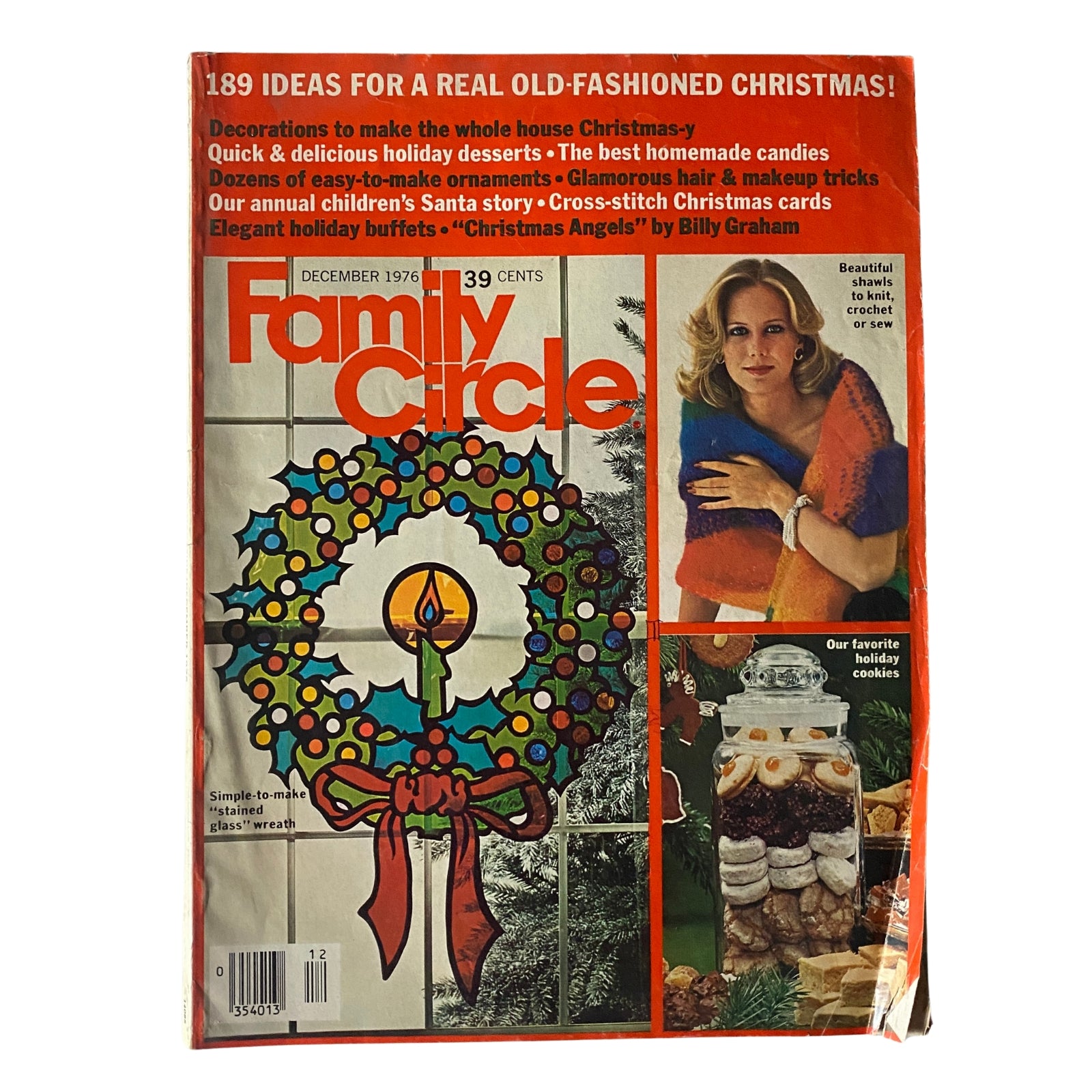 Cover of Family Circle Magazine, December 1976 edition featuring a colorful stained glass wreath design and a woman in a shawl, showcasing holiday crafts and recipes.