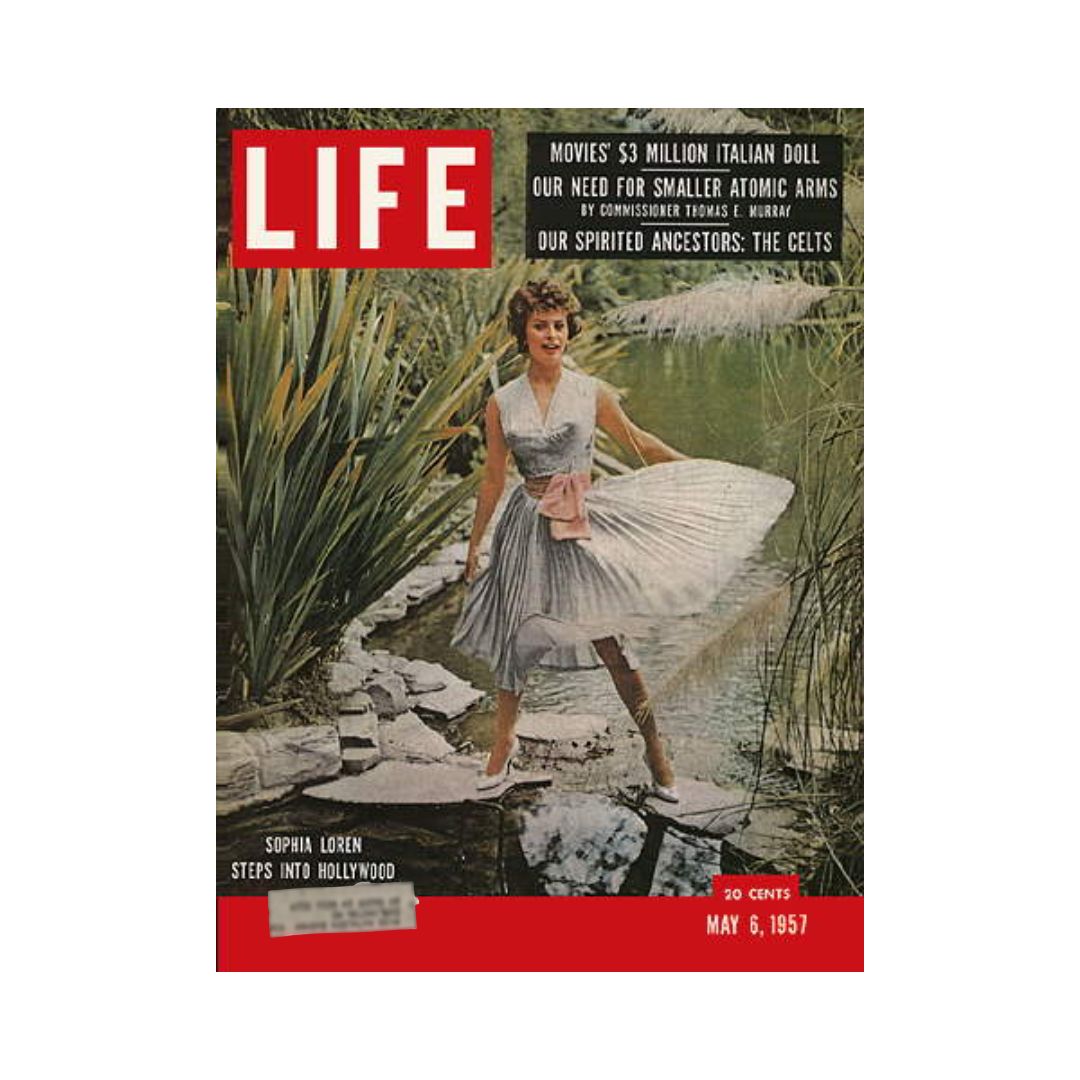 Vintage cover of Life Magazine dated May 6, 1957 featuring actress Sophia Loren, highlighting her glamour and Hollywood appeal.