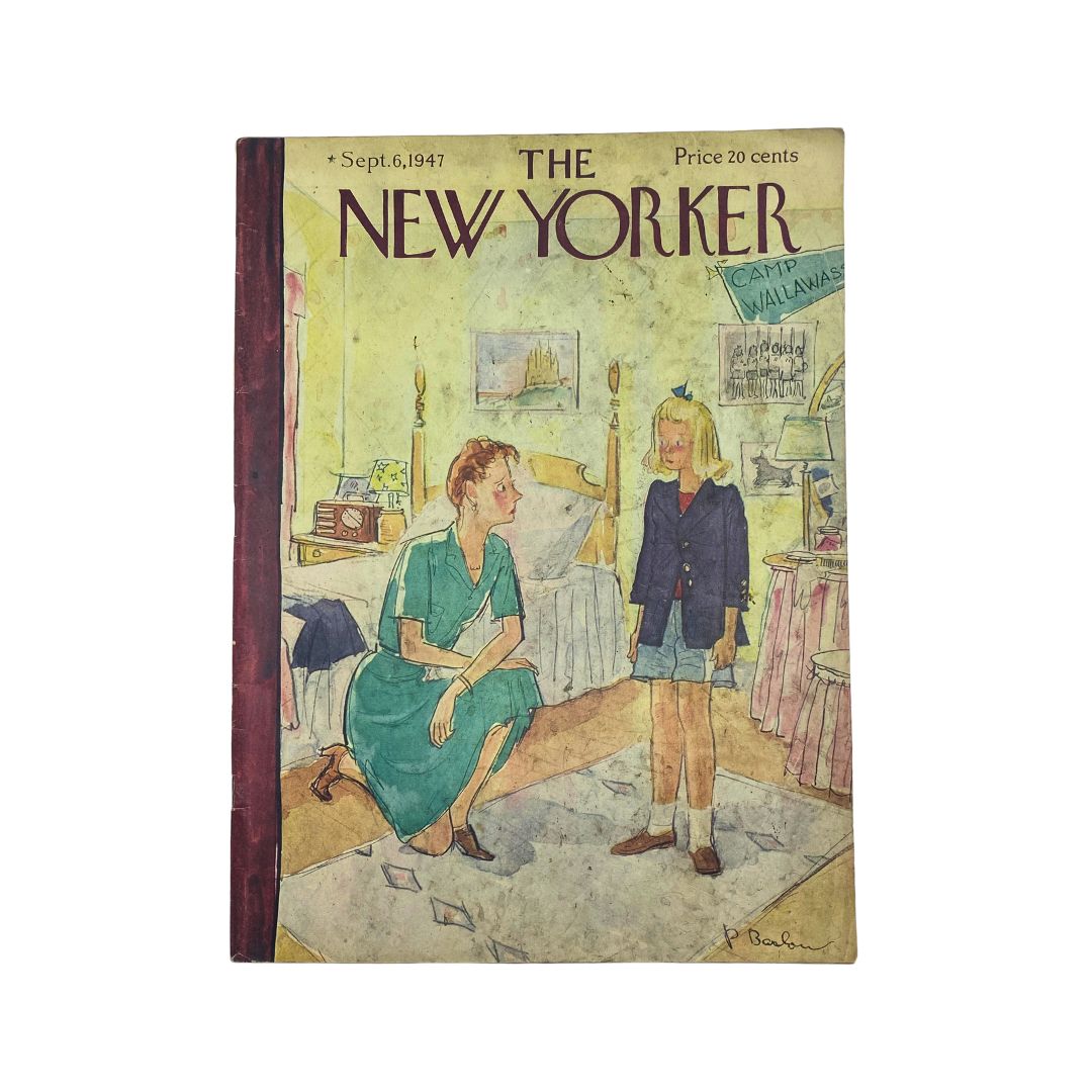 The New Yorker Complete Magazine September 6, 1947 Cover featuring an illustration by Perry Barlow depicting two women in a room, showcasing mid-20th century design.