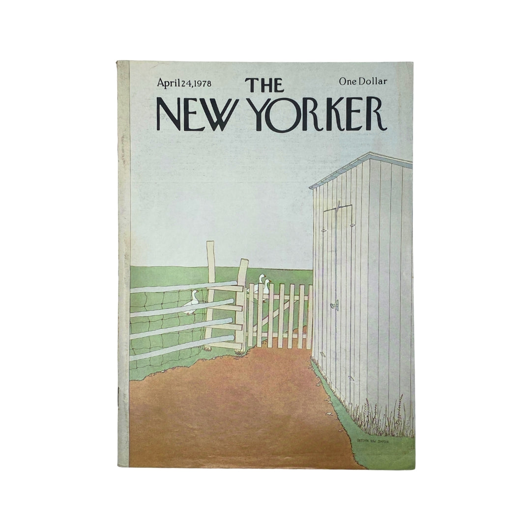 Cover of The New Yorker magazine dated April 24, 1978, featuring artwork by Gretchen Dow Simpson, showcasing a rural scene with a fence and shed.