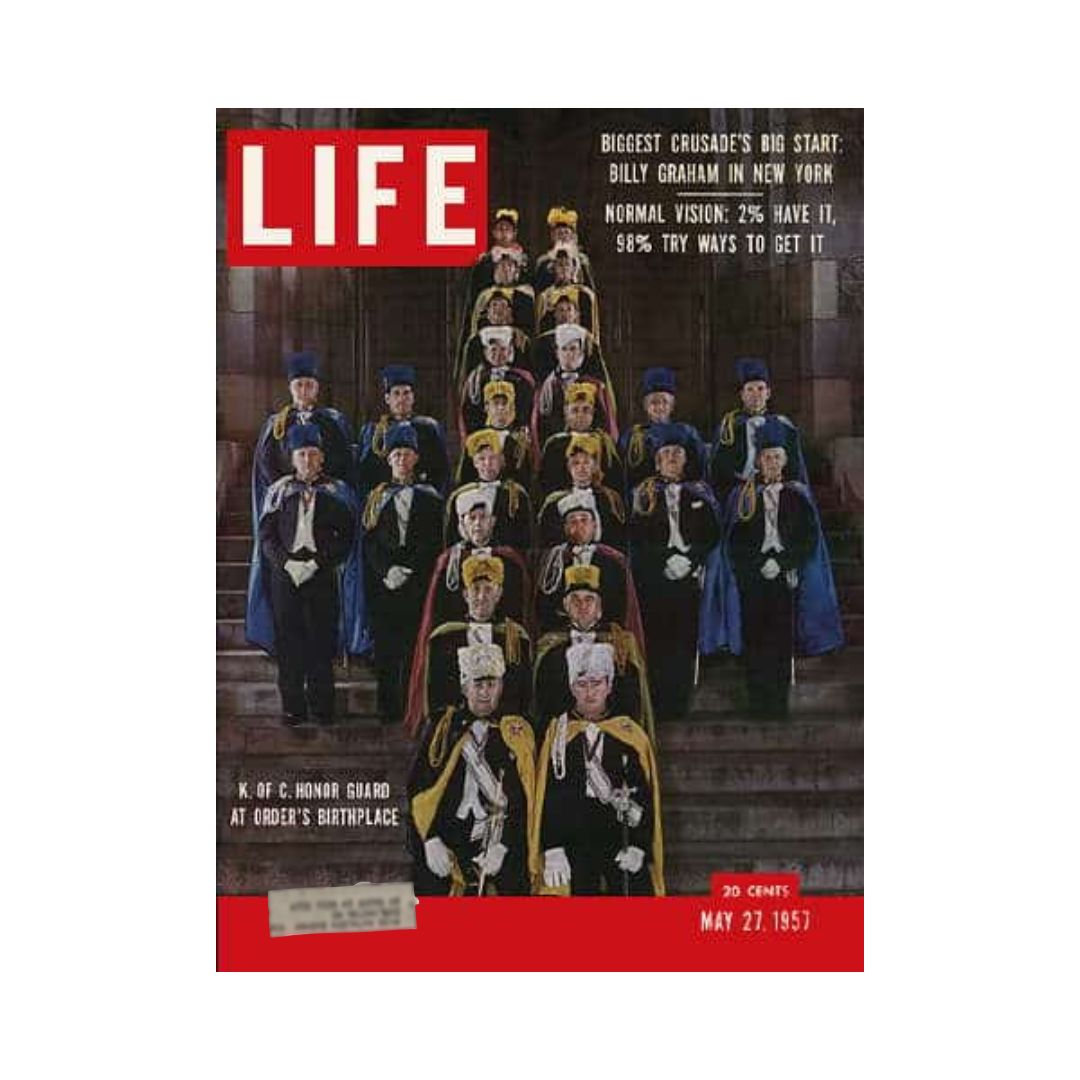 Cover of VTG Life Magazine dated May 27, 1957, featuring the Knights of Columbus Honor Guard at Birthplace, highlighting significant cultural aspects and historical context of the 1950s.