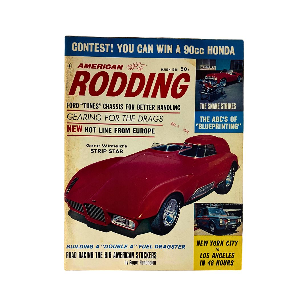 Cover of VTG American Rodding Magazine March 1965 featuring Gene Winfield's Strip Star, a collectible notable for its focus on American automotive culture and hot rods.