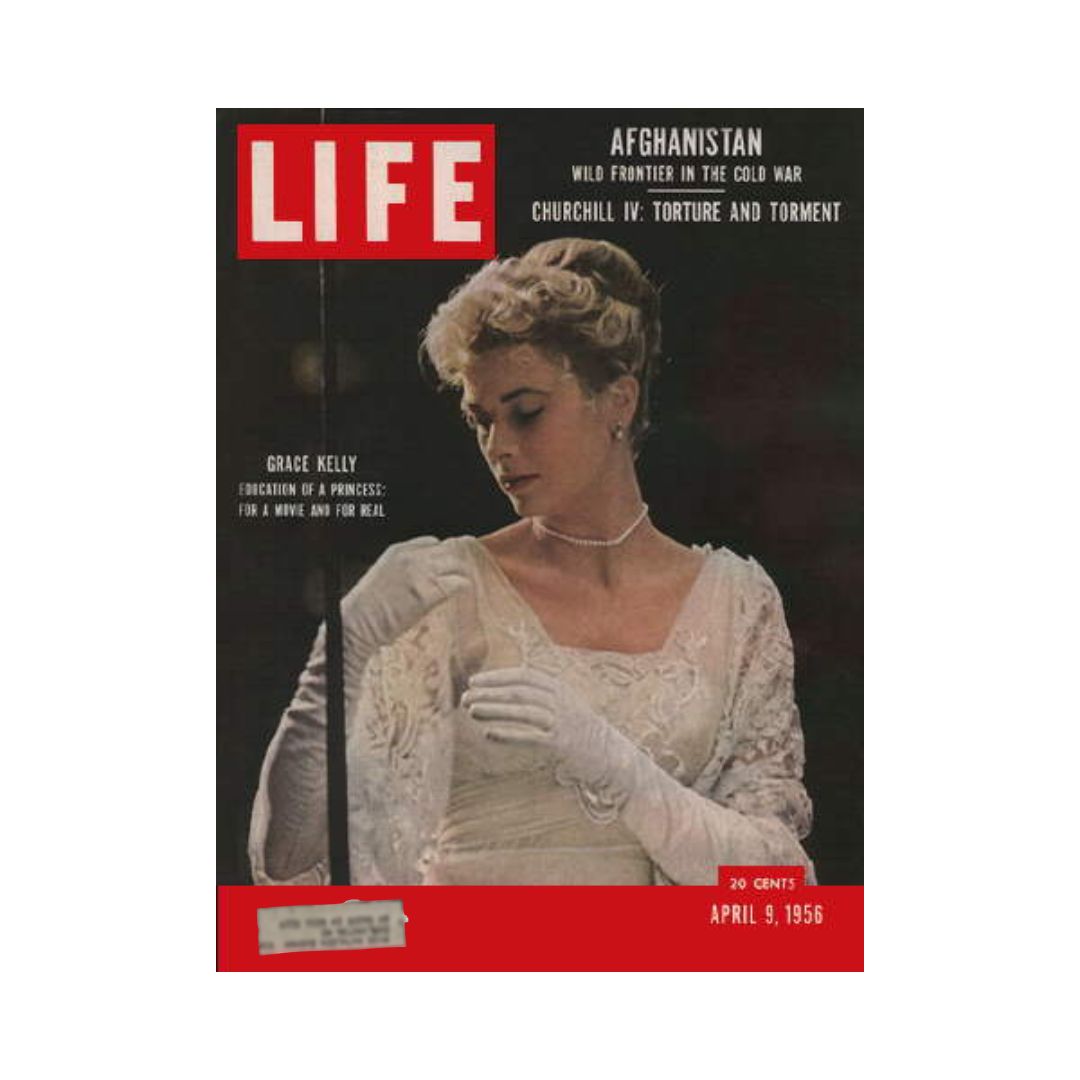 Life Magazine cover from April 9, 1956, featuring Grace Kelly in an elegant wedding dress, highlighting her transition from actress to princess. The issue captures cultural moments of the 1950s with articles on Afghanistan and Winston Churchill, making it a valuable collectible.