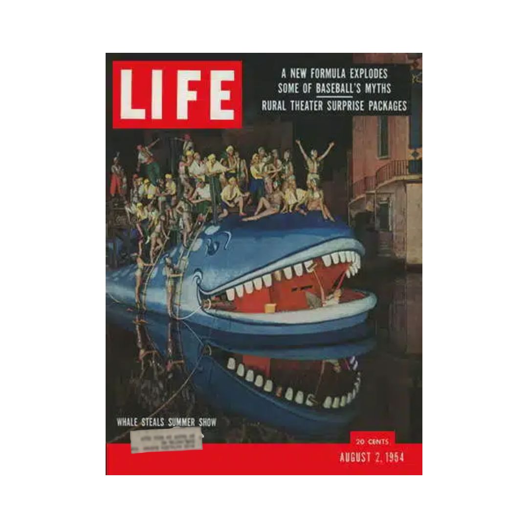 Cover of the August 2, 1954 issue of Life Magazine titled 'Whale Steals Summer Show', showcasing a giant blue whale with performers, reflecting the vibrant culture and captivating events of the mid-20th century.