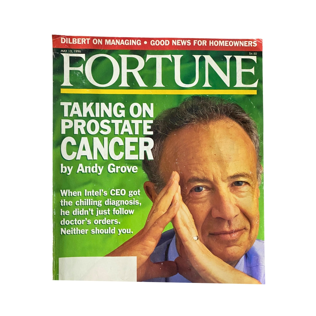 Fortune Magazine cover from May 13, 1996, featuring the title 'Taking On Prostate Cancer' by Andy Grove. The cover highlights a personal narrative on health, showcasing Andy Grove's image with a thoughtful pose against a green background, emphasizing the importance of prostate cancer awareness during the 1990s.
