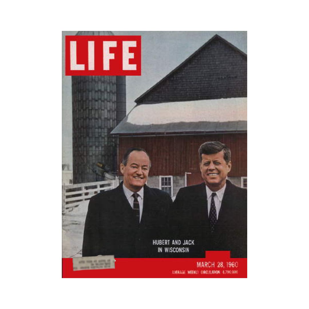Vintage Life Magazine cover from March 28, 1960, featuring Hubert Humphrey and John F. Kennedy in Wisconsin, highlighting their political rivalry during the presidential primary.