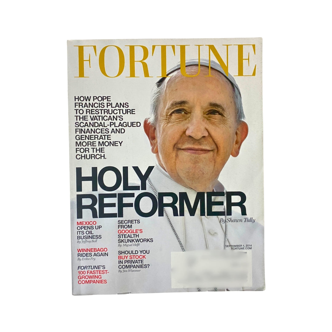 Fortune Magazine cover from September 1, 2014, featuring Pope Francis under the title 'Holy Reformer'. The cover highlights Pope Francis's plans to restructure the Vatican's finances and emphasizes his impact on the church.