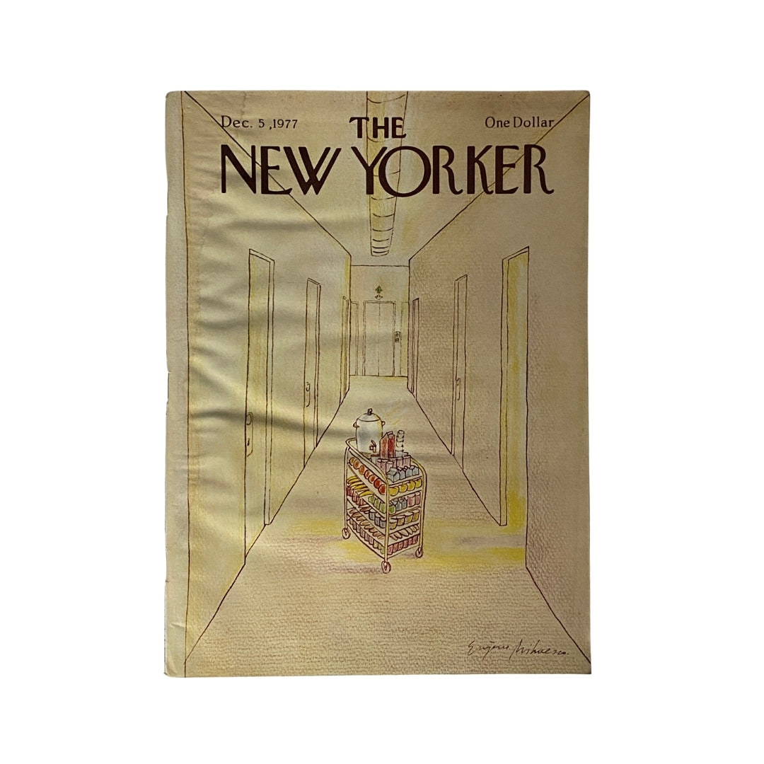 Cover of The New Yorker magazine, December 5, 1977, featuring artwork by Edward Koren. The illustration shows a hallway with a serving cart, showcasing a vintage design typical of the 1970s.