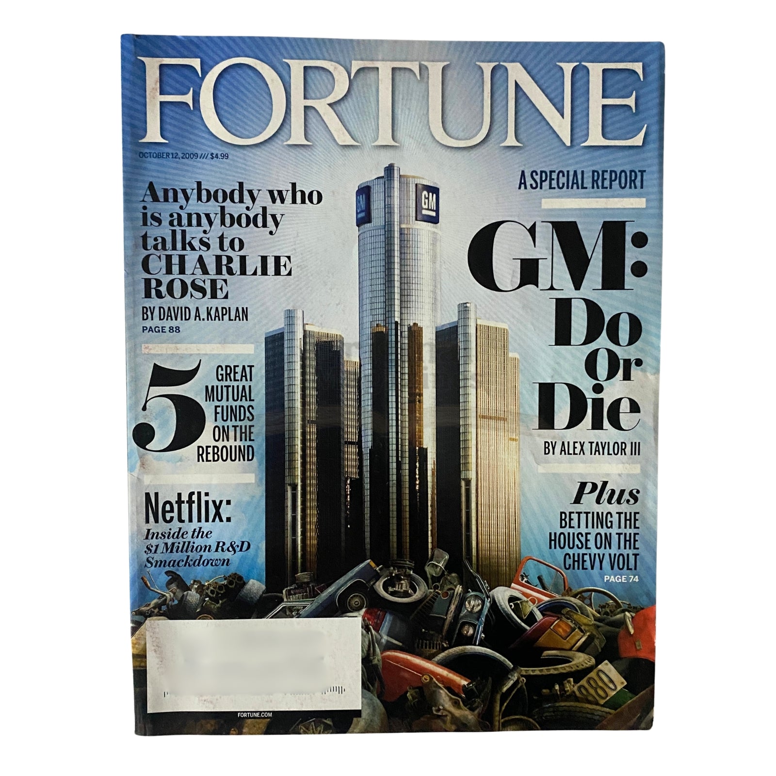 Fortune Magazine October 12, 2009 cover featuring the title 'GM: Do or Die' by Alex Taylor III, showcasing a prominent image of General Motors headquarters and articles on business resilience and innovation.