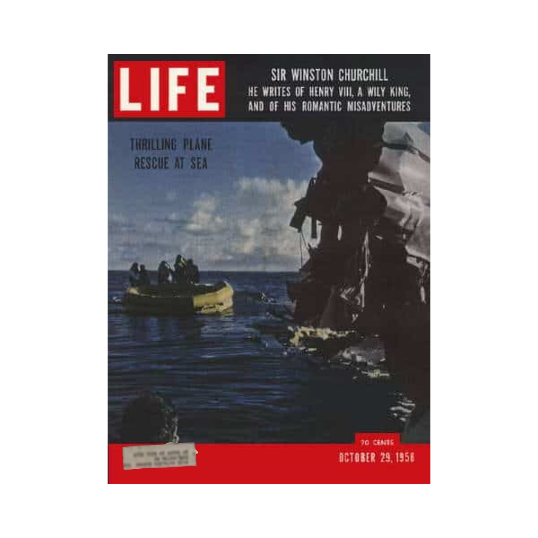 Cover of Life Magazine dated October 29, 1956, featuring the title 'Thrilling Plane Rescue at Sea,' with a striking image of a rescue scene on the water, showcasing a yellow life raft and rescuers in action against a backdrop of dramatic clouds.