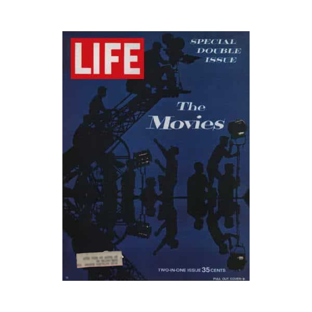 Cover of VTG Life Magazine December 20, 1963, featuring 'The Movies' Special Double Issue with silhouettes of filmmakers and equipment against a blue background.