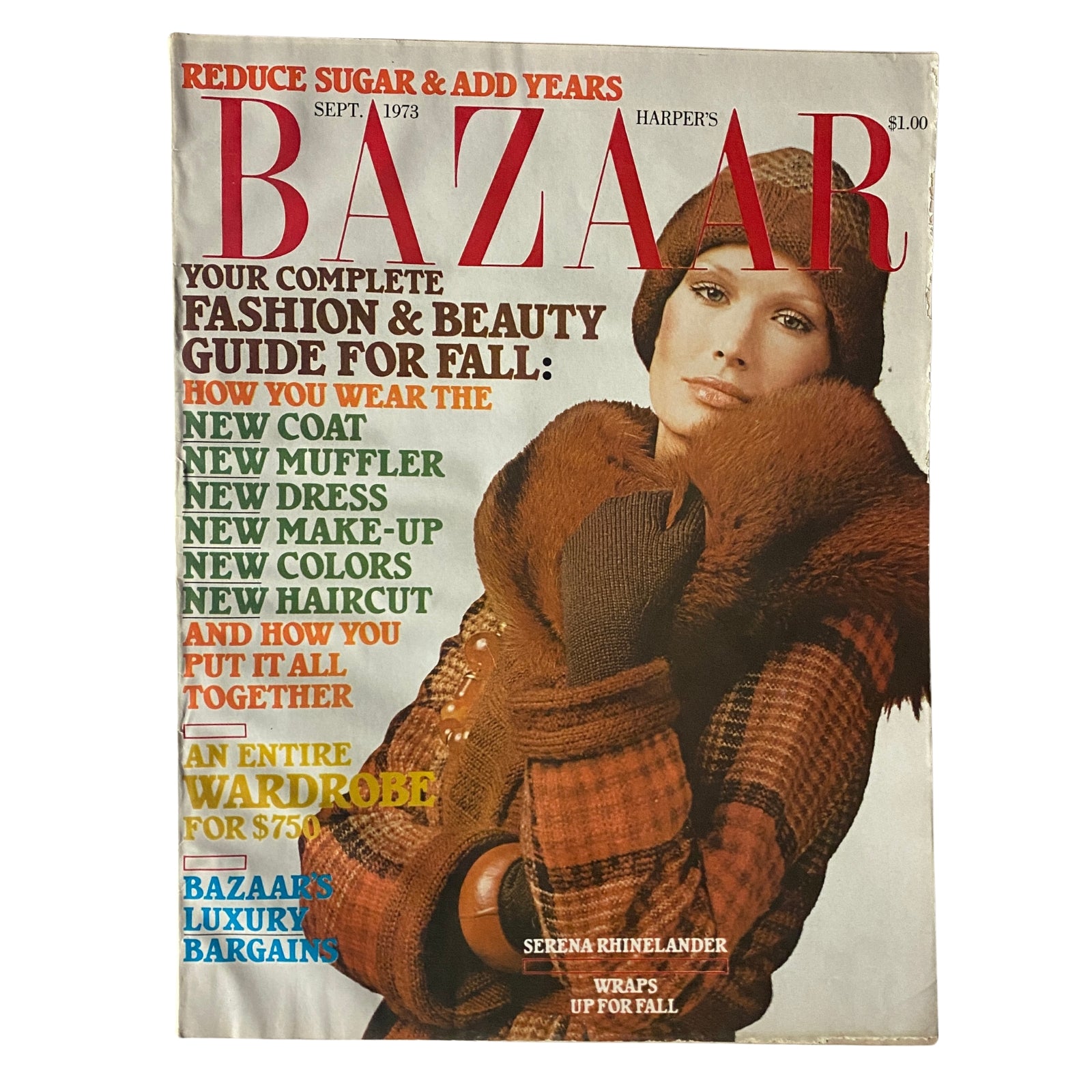 Harper's Bazaar Magazine September 1973 featuring Serena Rhinelander on the cover, showcasing vibrant fashion and beauty guide for fall, highlighting key fashion trends of the early 1970s.