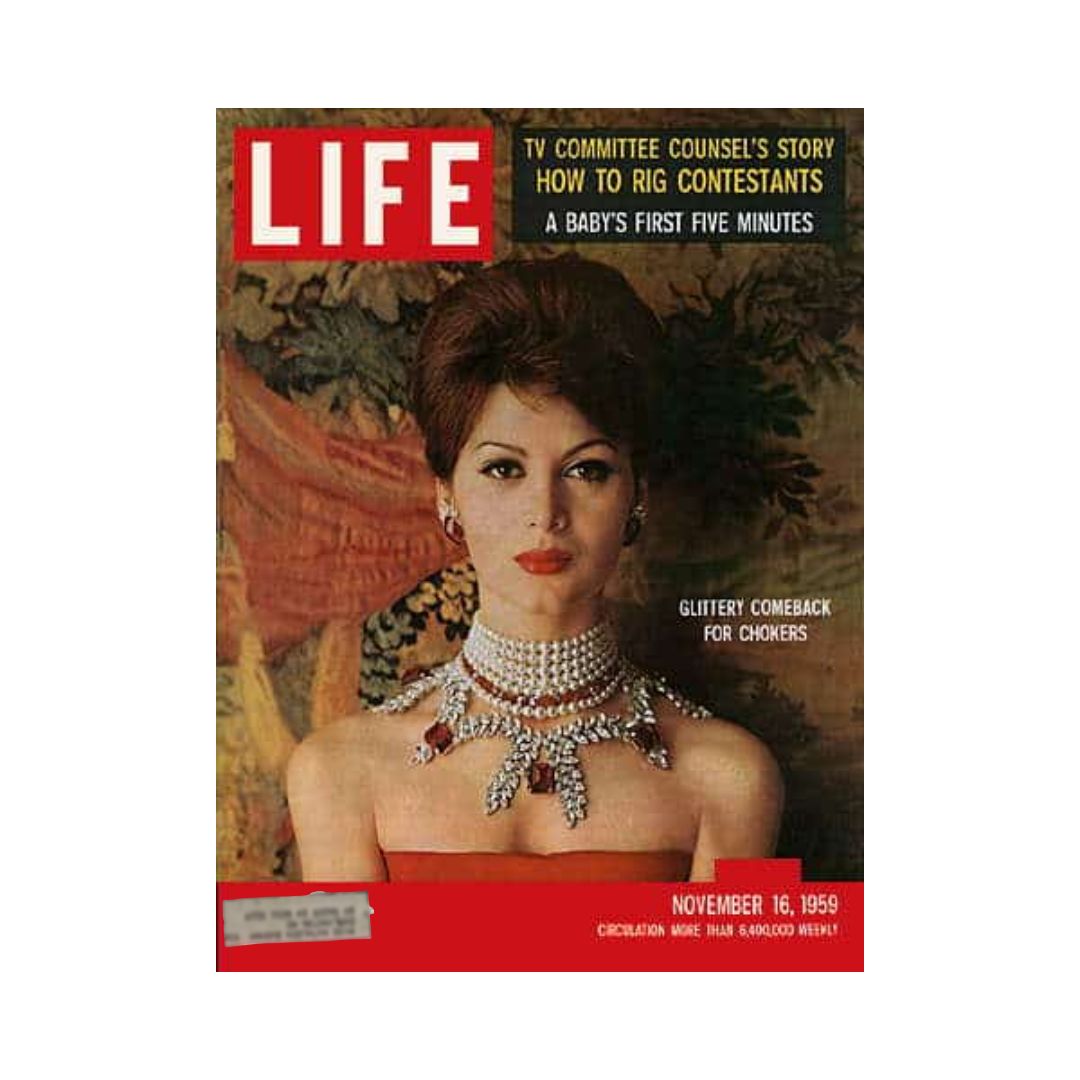Cover of VTG Life Magazine from November 16, 1959 featuring the headline 'Glittery Comeback for Chokers Fashion'. The image showcases a woman wearing an elegant choker necklace, set against a colorful background.