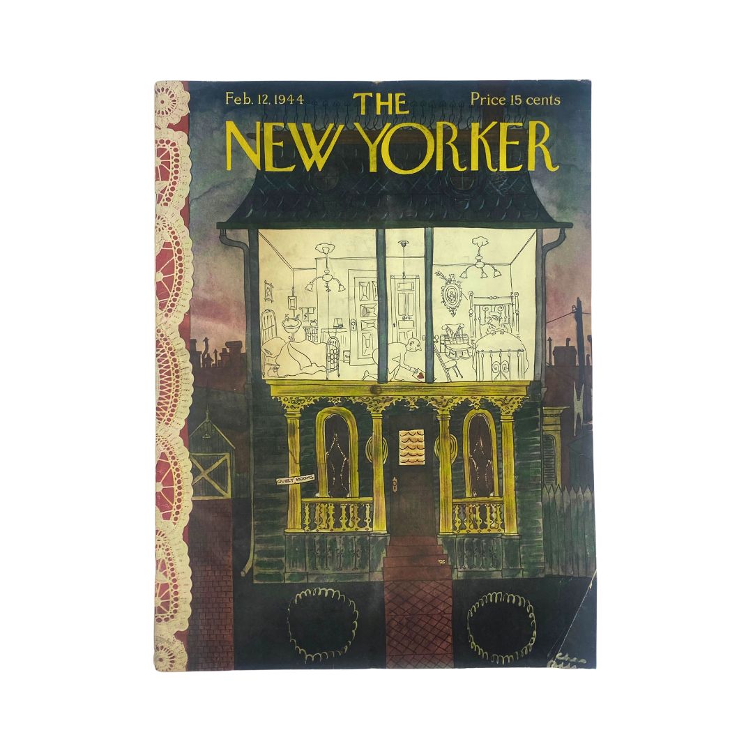 Cover of The New Yorker magazine, February 12, 1944, featuring a whimsical illustration by Chas Addams of a peculiar house with a dark, humorous aesthetic.