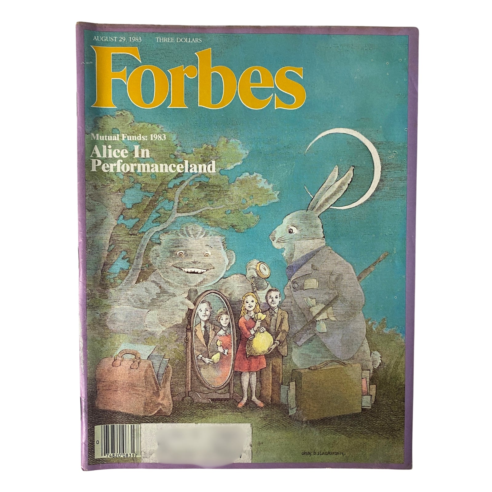 Cover of Forbes Magazine from August 29, 1983, titled 'Mutual Funds 1983: Alice in Performanceland', featuring an illustrated scene with whimsical characters including a rabbit and a ghostly figure.