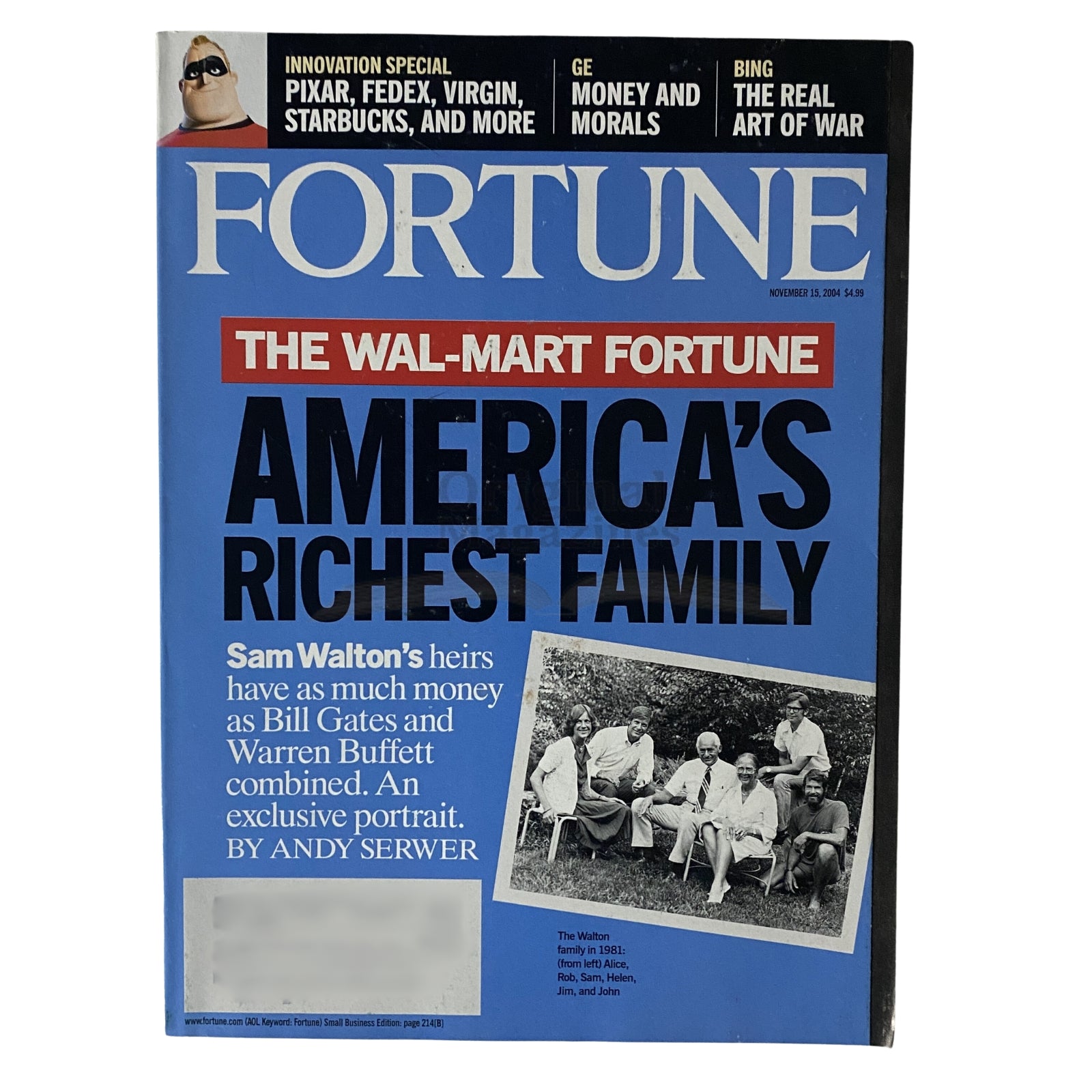 Cover of Fortune Magazine, November 15, 2004, featuring the title 'The Waltons: Inside America’s Richest Family' with a focus on Sam Walton's heirs and their wealth compared to Bill Gates and Warren Buffett.