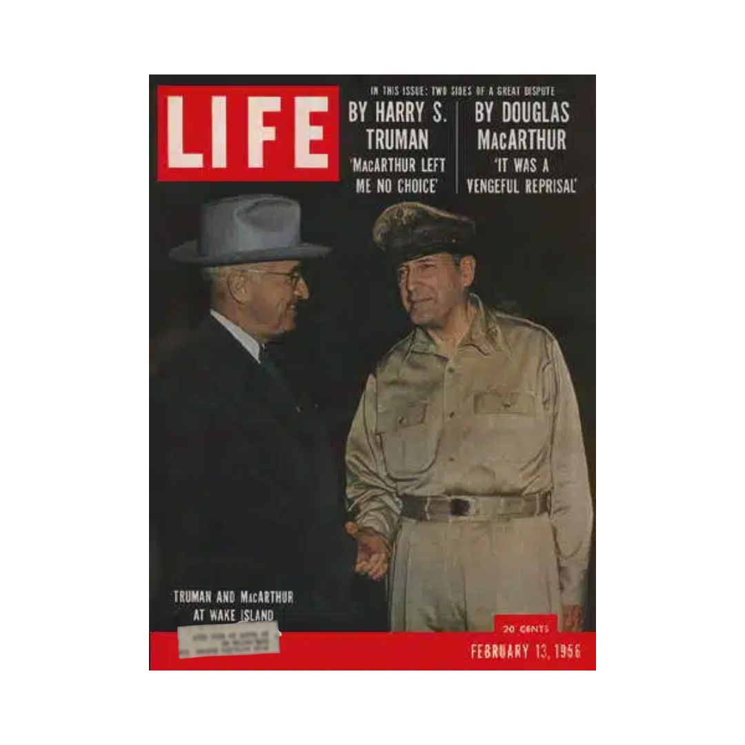Cover of VTG Life Magazine from February 13, 1956, featuring President Harry Truman and General Douglas MacArthur at Wake Island, showcasing a historic meeting with the headline detailing their perspectives on military policy.