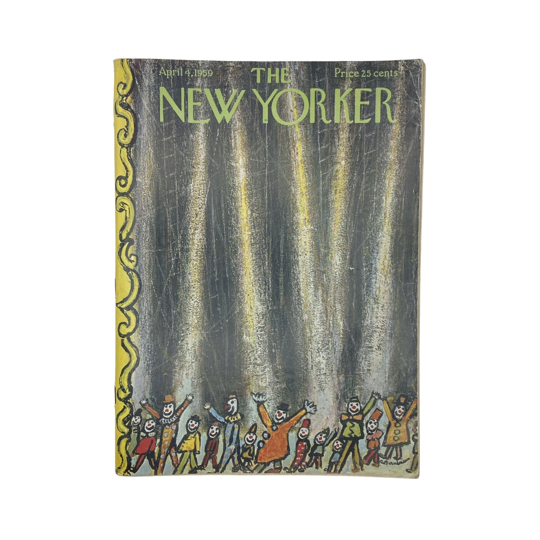 Cover of The New Yorker magazine dated April 4, 1959, featuring artwork by Abe Birnbaum, depicting a colorful scene with caricatures.