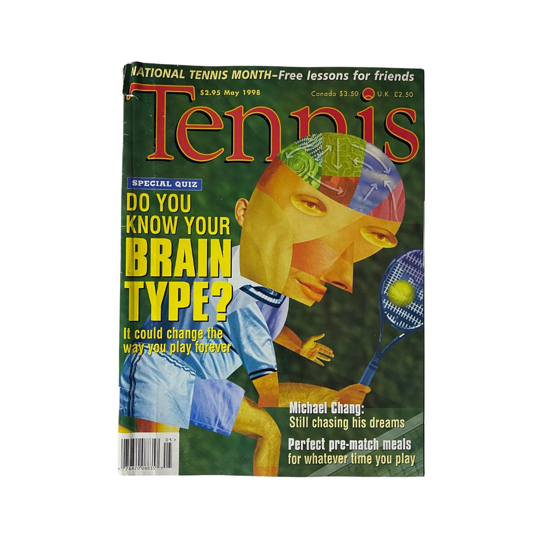 Cover of Tennis Magazine May 1998 featuring Michael Chang, promoting National Tennis Month and a special quiz about brain types for tennis players.