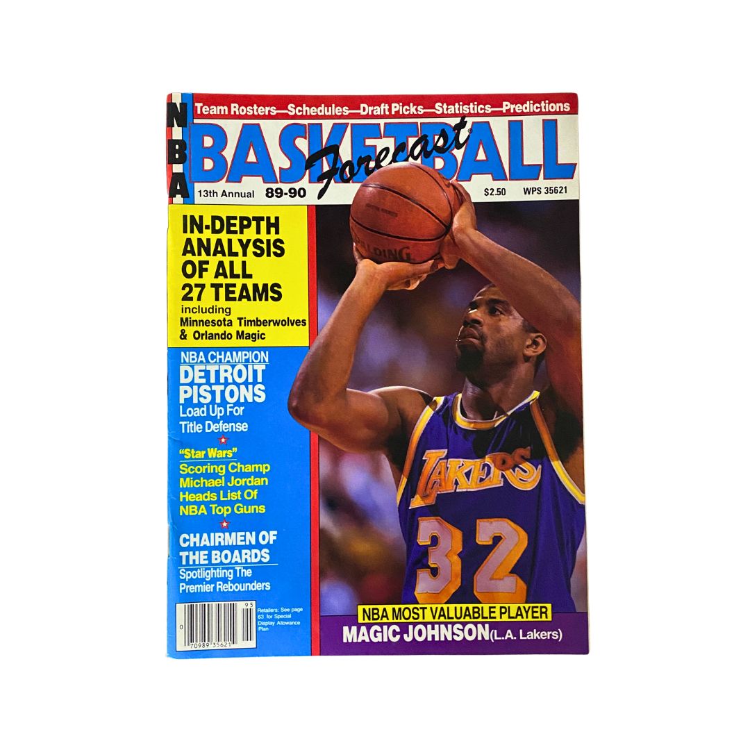 NBA Basketball Forecast Magazine 1989-1990 featuring Magic Johnson on the cover, showcasing sports analyses, team rosters, and player statistics from a pivotal NBA season.