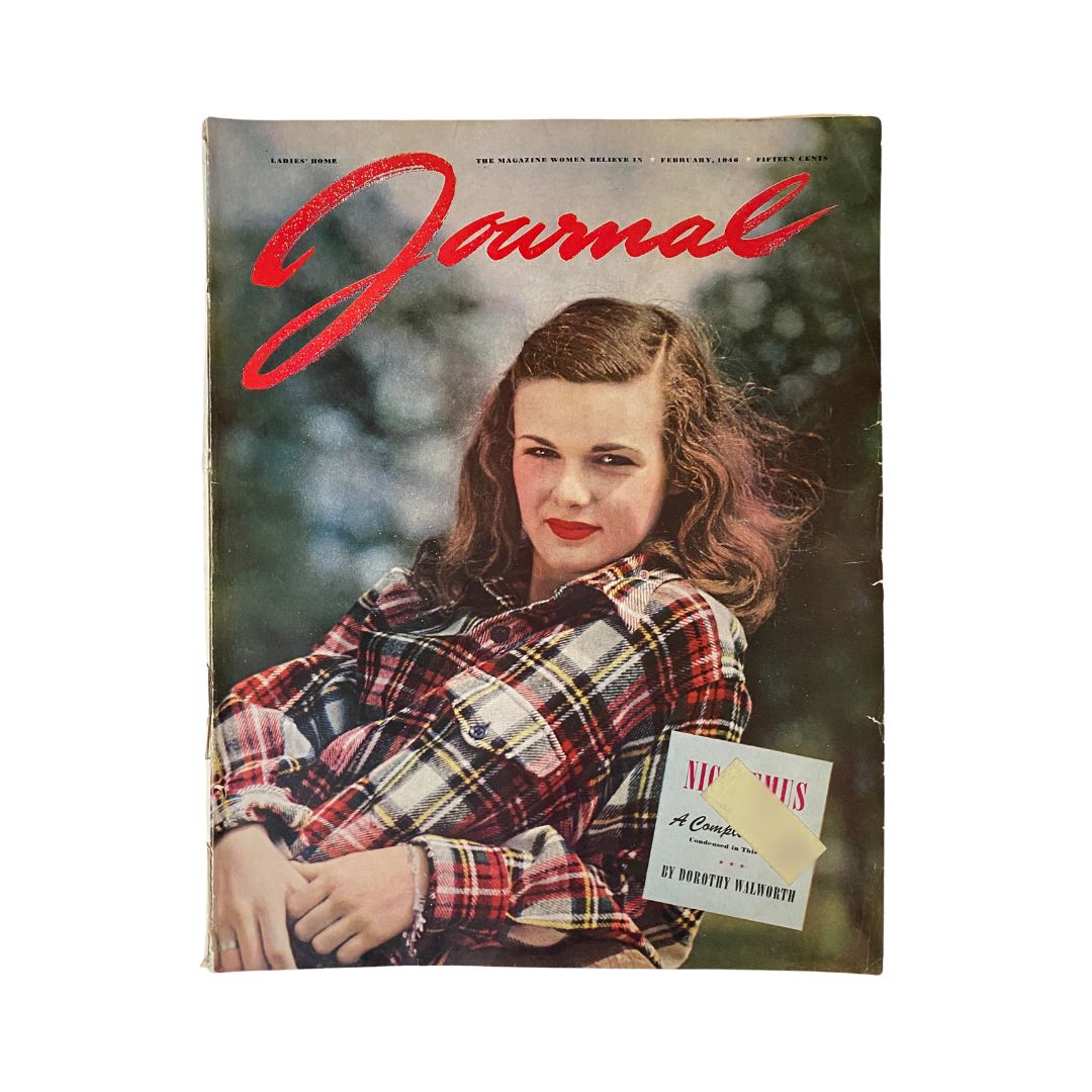 Cover of the Ladies' Home Journal Magazine February 1946, featuring vintage style with a young woman in a plaid shirt and red lipstick. This issue includes the fourth part of 'This Side of Innocence' series.