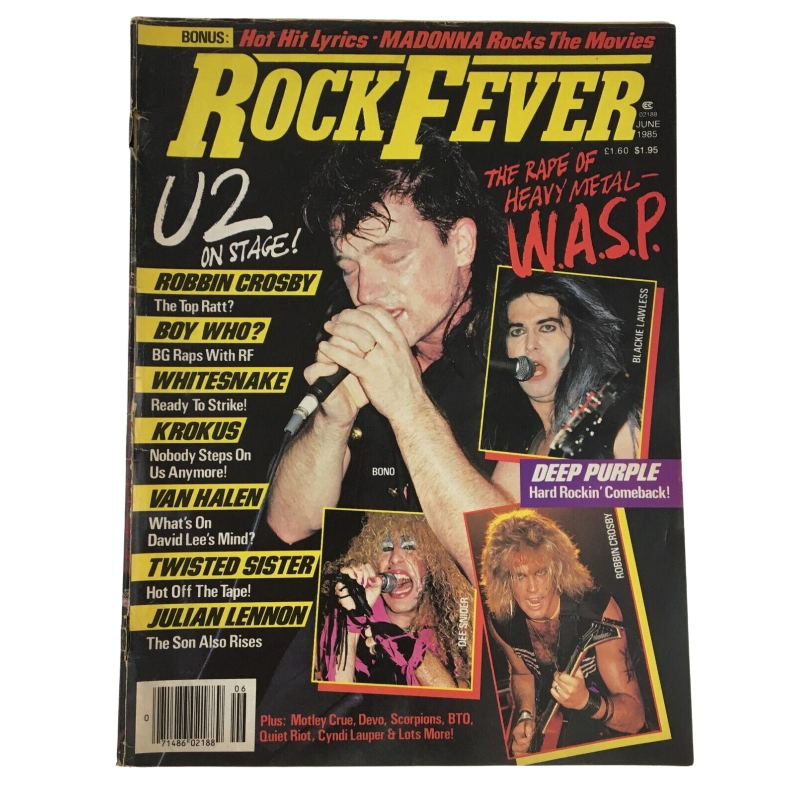 Cover of Rock Fever Magazine June 1985 Vol 2 #2 featuring Bono of U2 and Blackie Lawless of W.A.S.P, highlighting iconic rock stars of the 1980s.