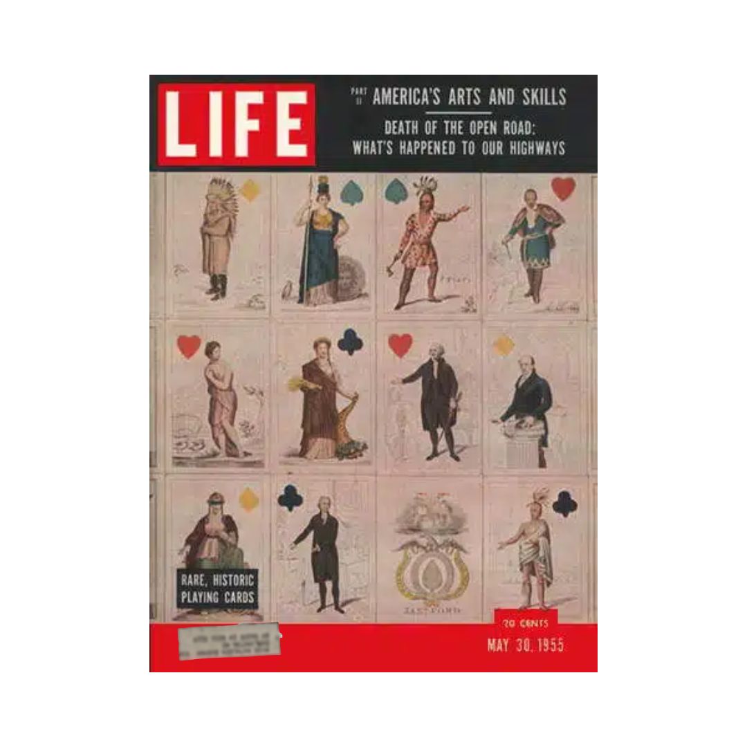 Vintage Life Magazine cover from May 30, 1955, featuring historic playing cards and articles on America’s arts and skills.