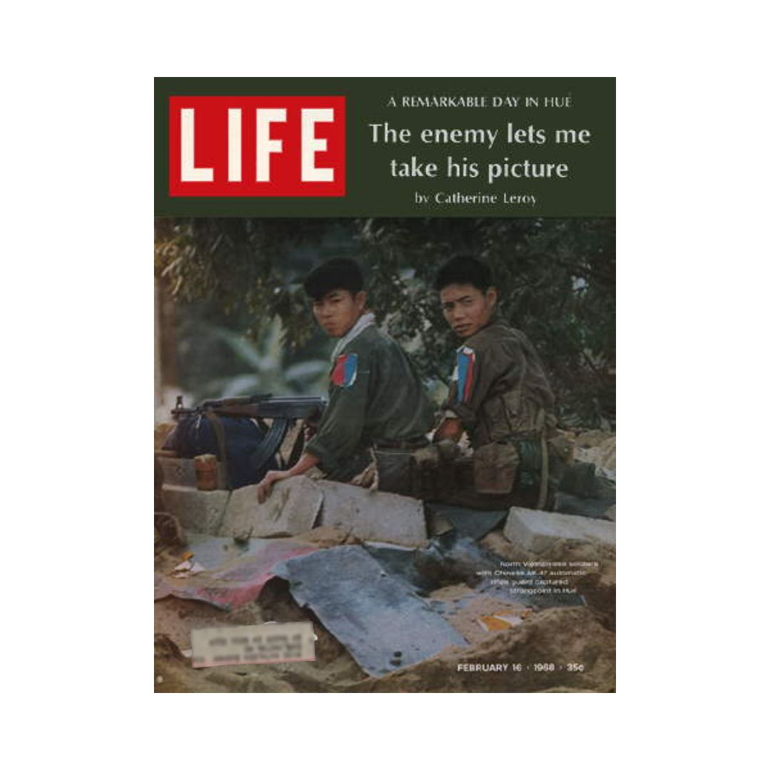 Vintage Life Magazine cover from February 16, 1968 featuring the title 'Enemy Soldiers' with a photograph of two soldiers in military uniforms, sitting by their equipment in a wartime setting.