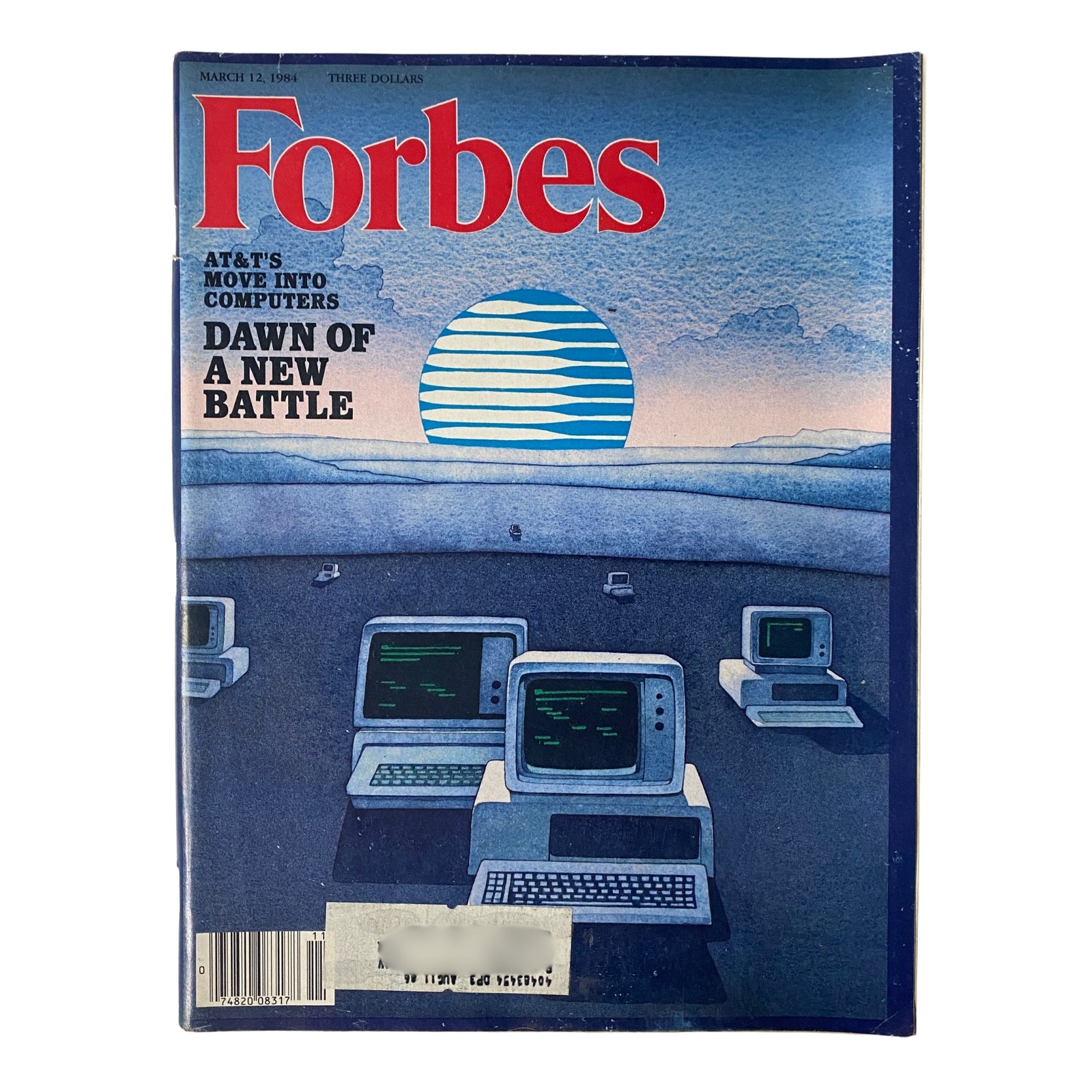 Forbes Magazine cover from March 12, 1984, featuring the title 'AT&T's Move Into Computers: Dawn of a New Battle' with a graphic of computers and a sun in the background.
