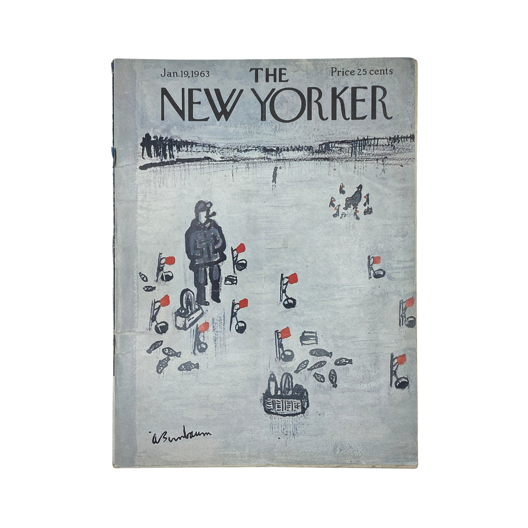 Cover of The New Yorker magazine dated January 19, 1963, featuring artwork by Abe Birnbaum, showcasing a snow-covered landscape with people and red flags.