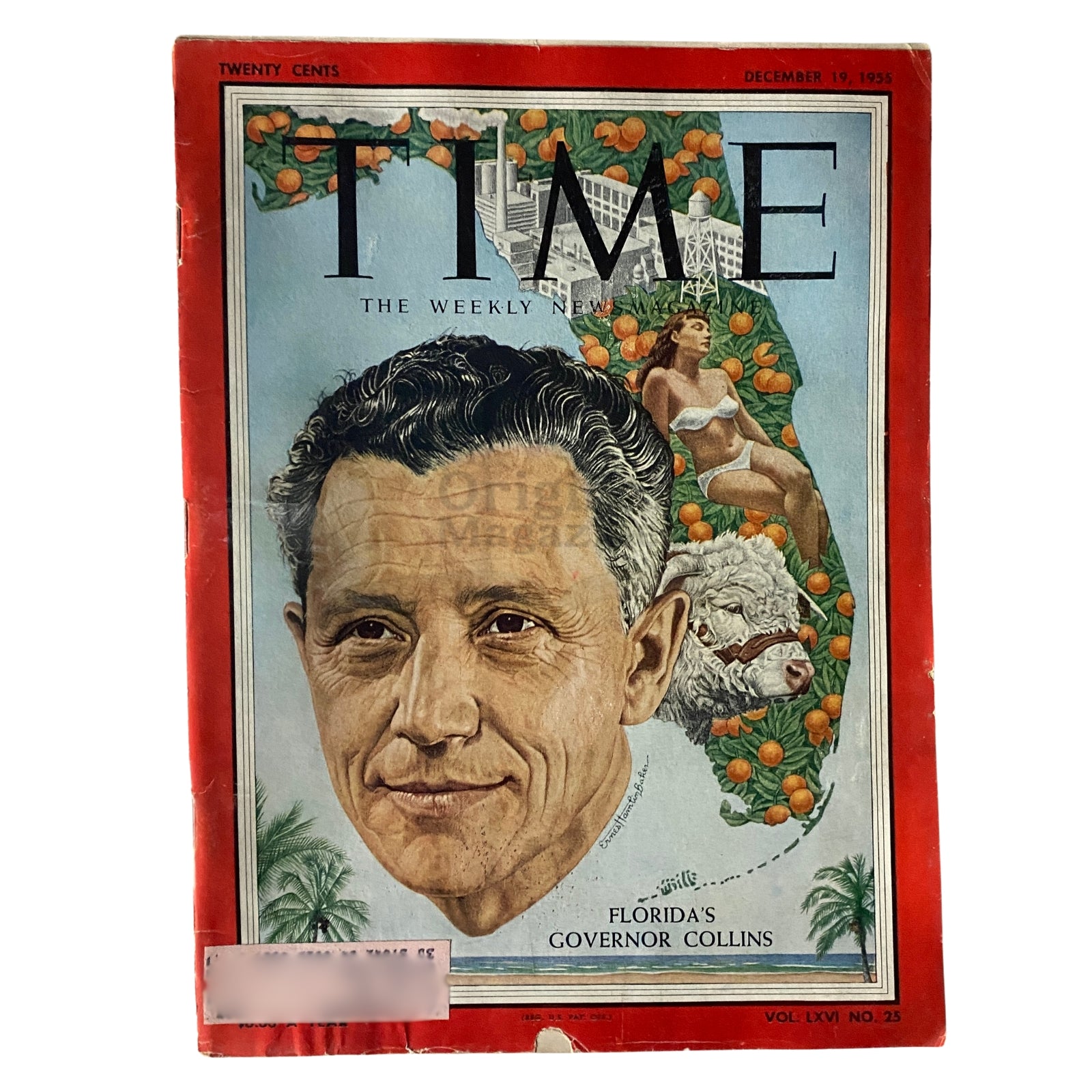 Time Magazine December 19, 1955, Vol 66 No. 25 featuring Florida's Governor Collins on the cover, showcasing a historical depiction of American politics and culture.