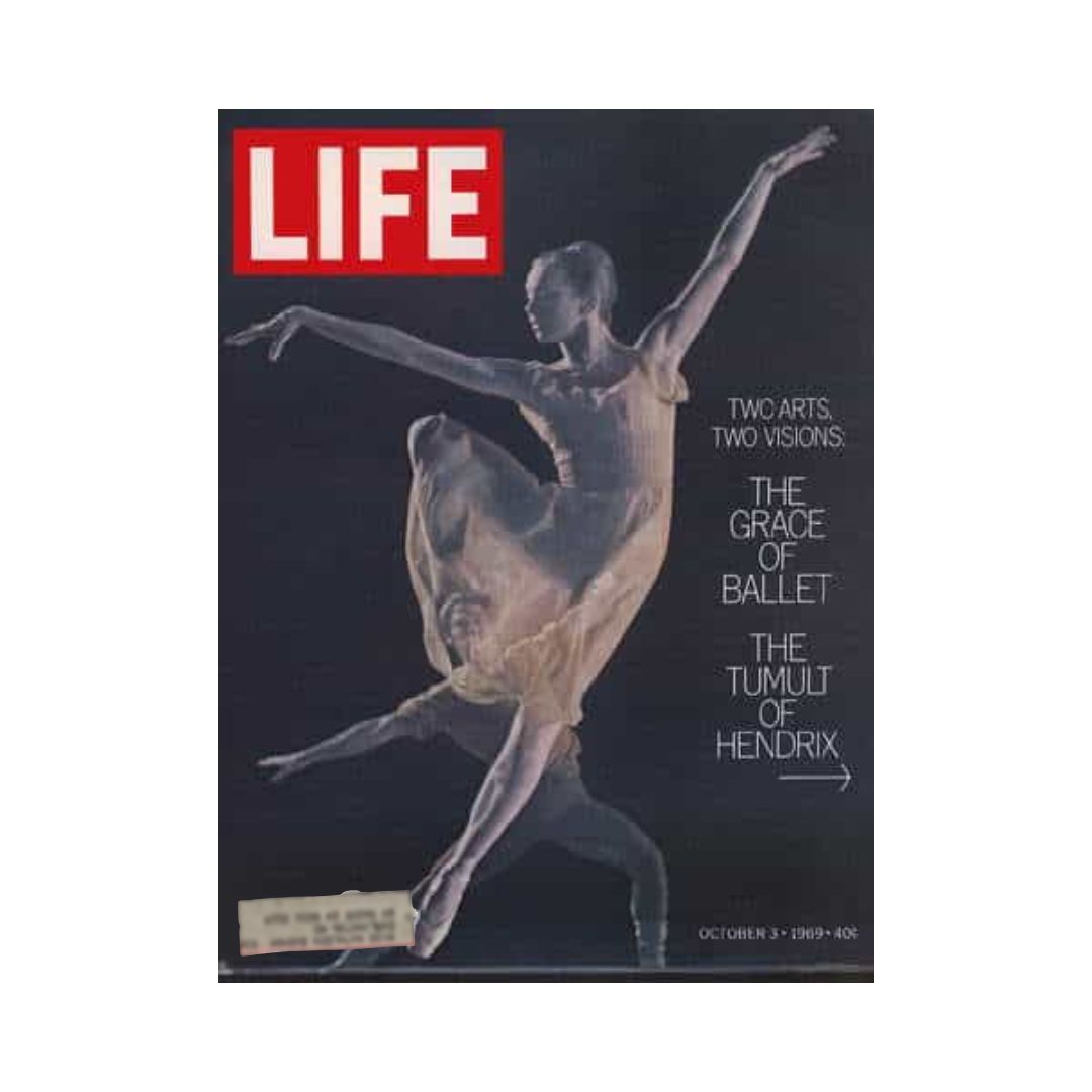 Cover of VTG Life Magazine from October 3, 1969, featuring the theme 'Two Arts, Two Visions' with a ballet dancer representing the grace of ballet, alongside text highlighting the tumult of Jimi Hendrix.