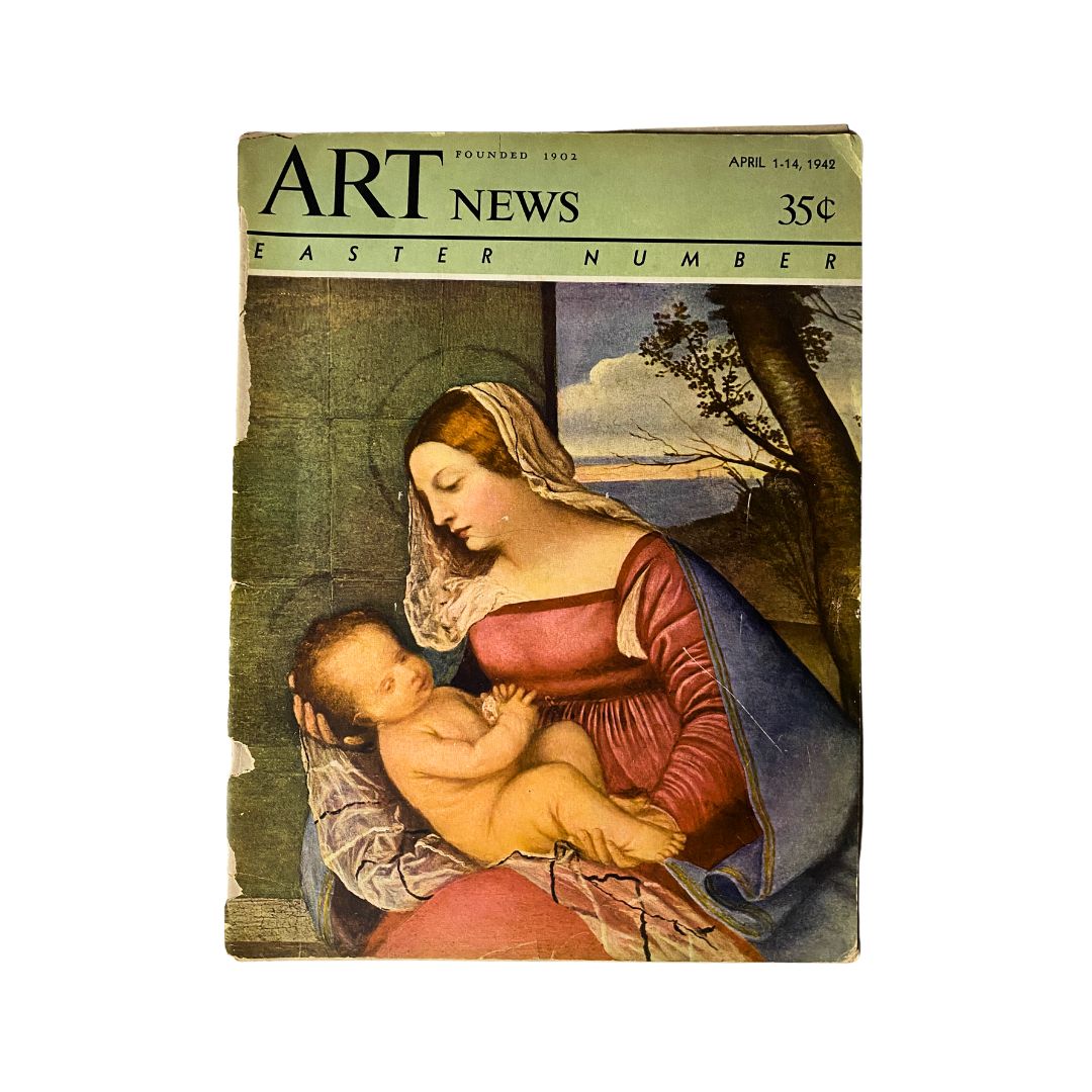 Vintage Art News Magazine cover from April 1, 1942 featuring Titian's Madonna and Child, showcasing a beautiful image of a mother and child.