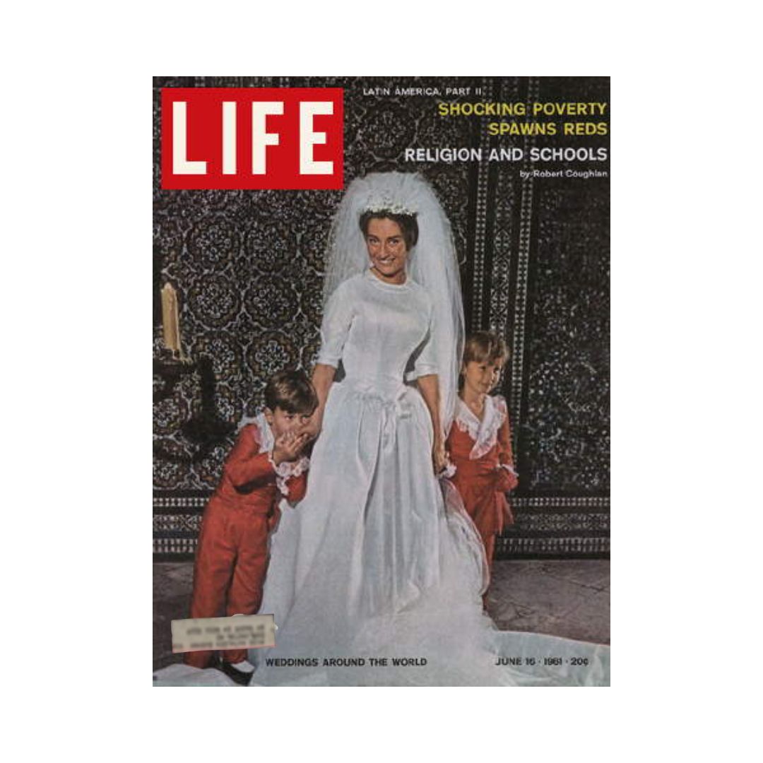 Vintage Life Magazine cover from June 16, 1961, featuring a bride in a white dress and two children in red outfits, titled 'Weddings Around the World'.