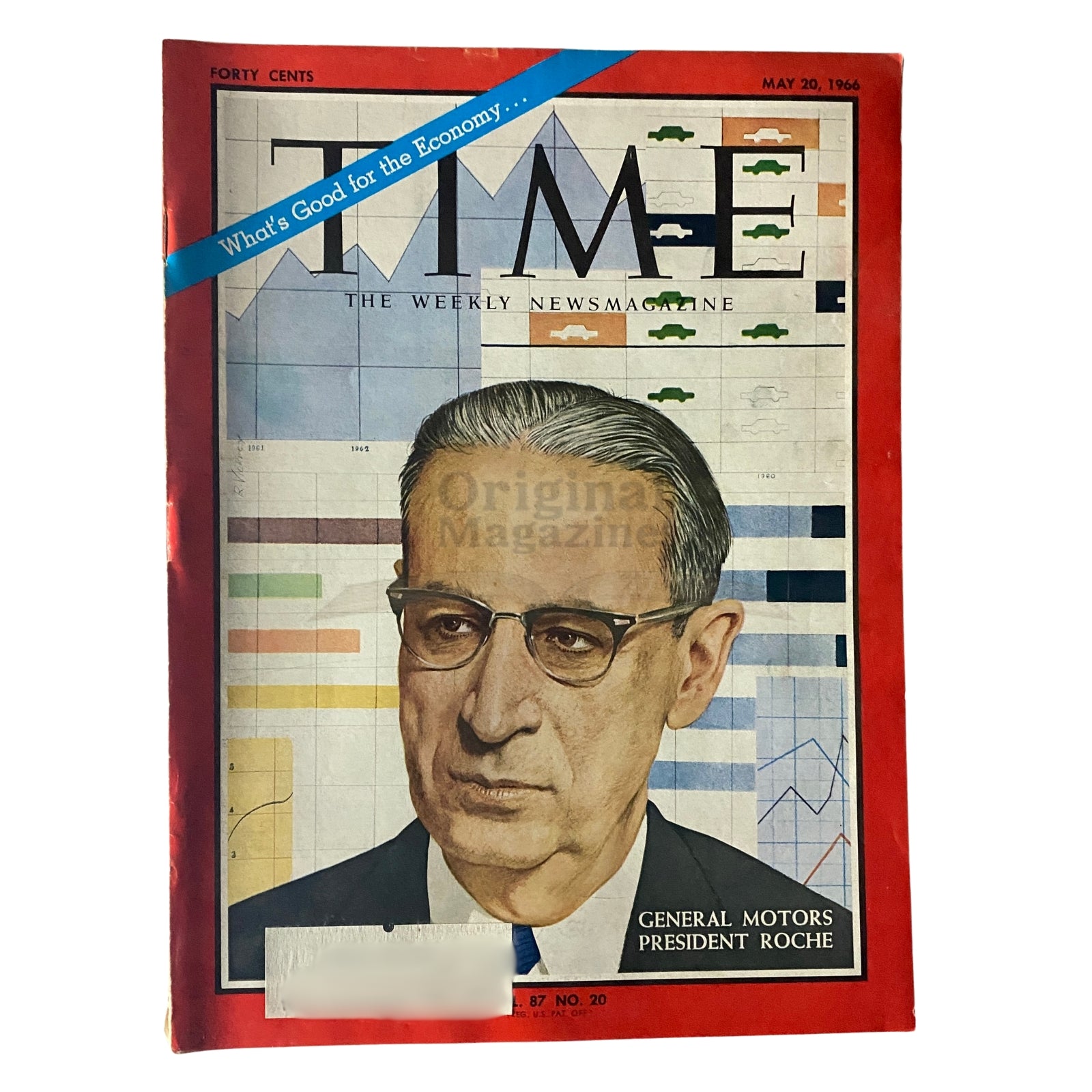 Cover of Time Magazine dated May 20, 1966 featuring General Motors President James Roche, showcasing a portrait and graphical elements that represent the economy.