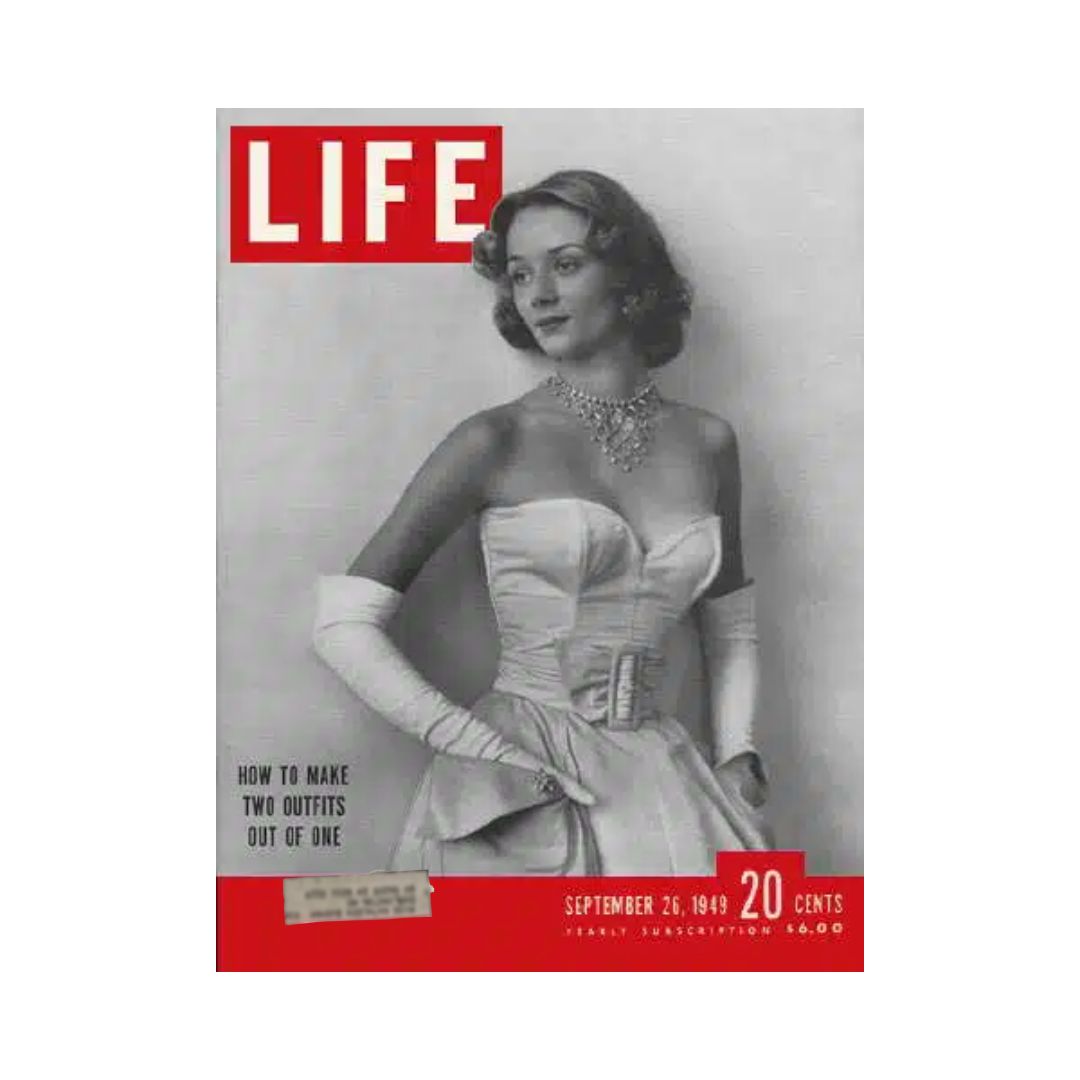 Custom Order - Life Magazine cover featuring a woman in elegant attire, showcasing the issue from September 26, 1949. The magazine highlights fashion tips on how to make two outfits out of one.