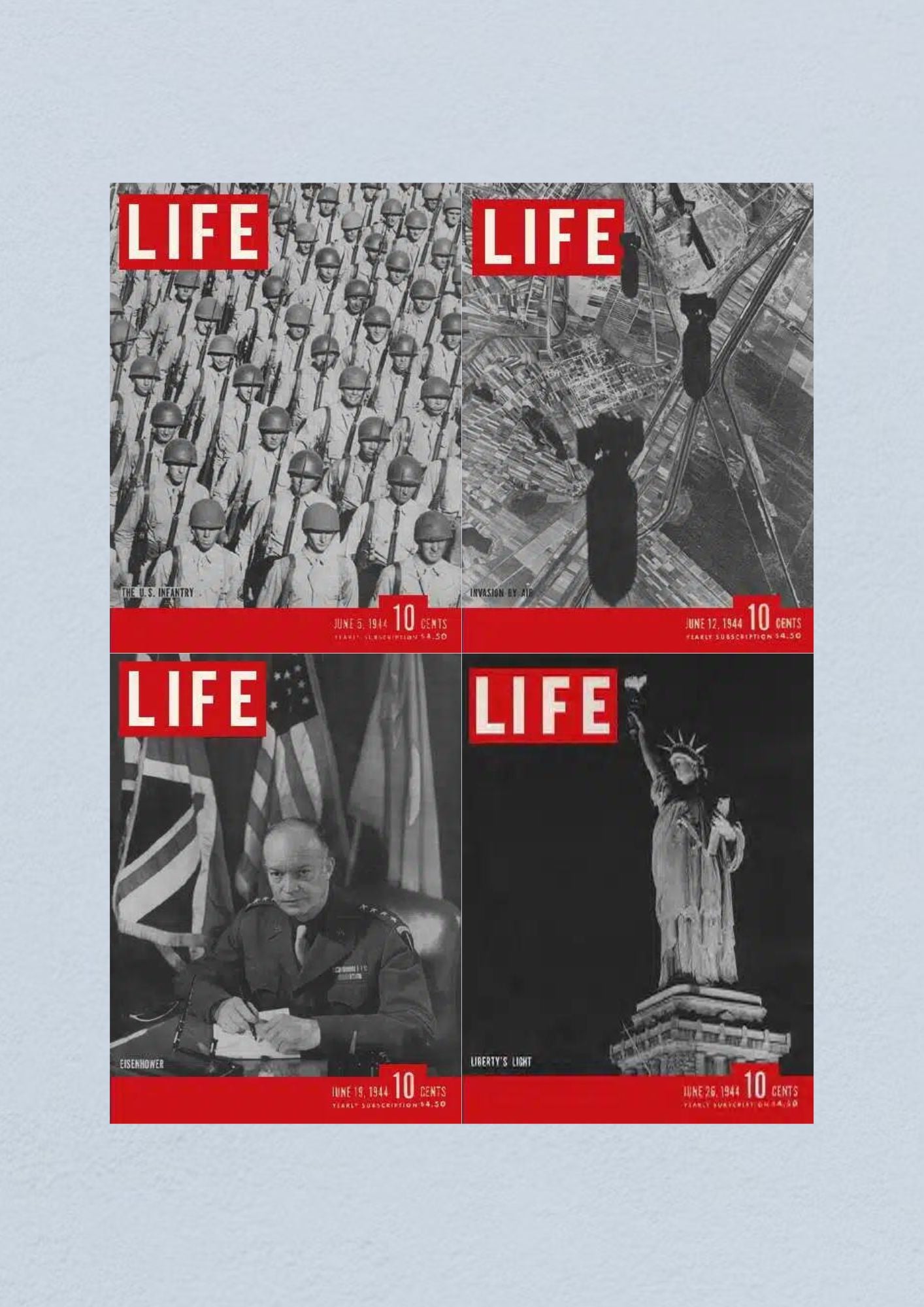 Life Magazine Lot of 4 Full Month of June 1944 featuring covers from June 5, 12, 19, and 26, showcasing U.S. Army Infantry, D-Day Invasion, General Eisenhower, and the Statue of Liberty, highlighting WWII history.