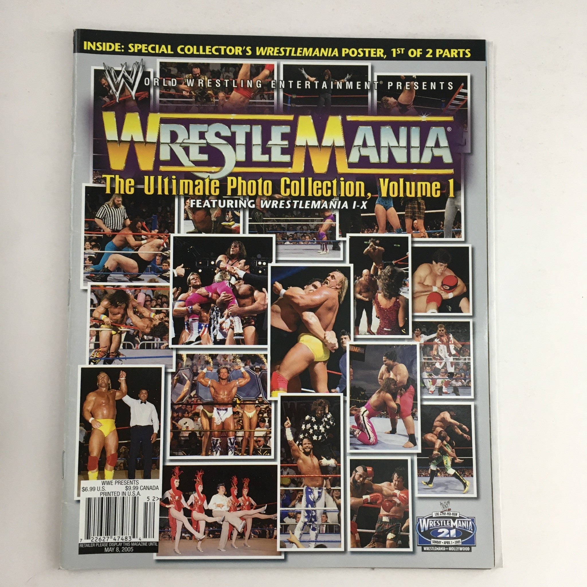 WWE Wrestle Mania May 8 2005 The Ultimate Photo Collection Vol. 1 cover showcasing a collage of wrestling action and events from Wrestlemania IX, featuring vivid images and special collector's poster announcement.